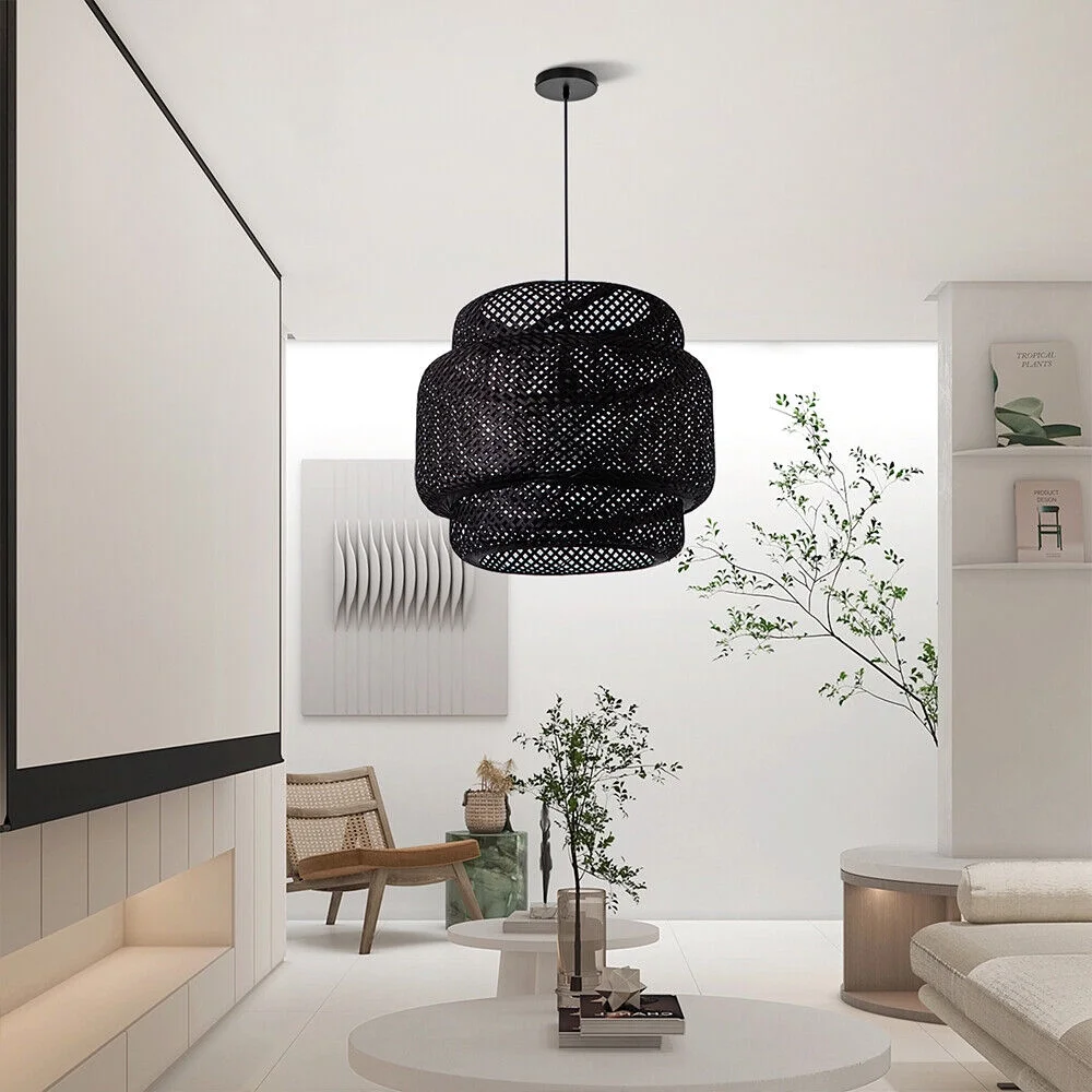 Arturesthome Vintage Chandelie Bamboo Woven Pendant Light Hanging Ceiling Lamp Decor Black