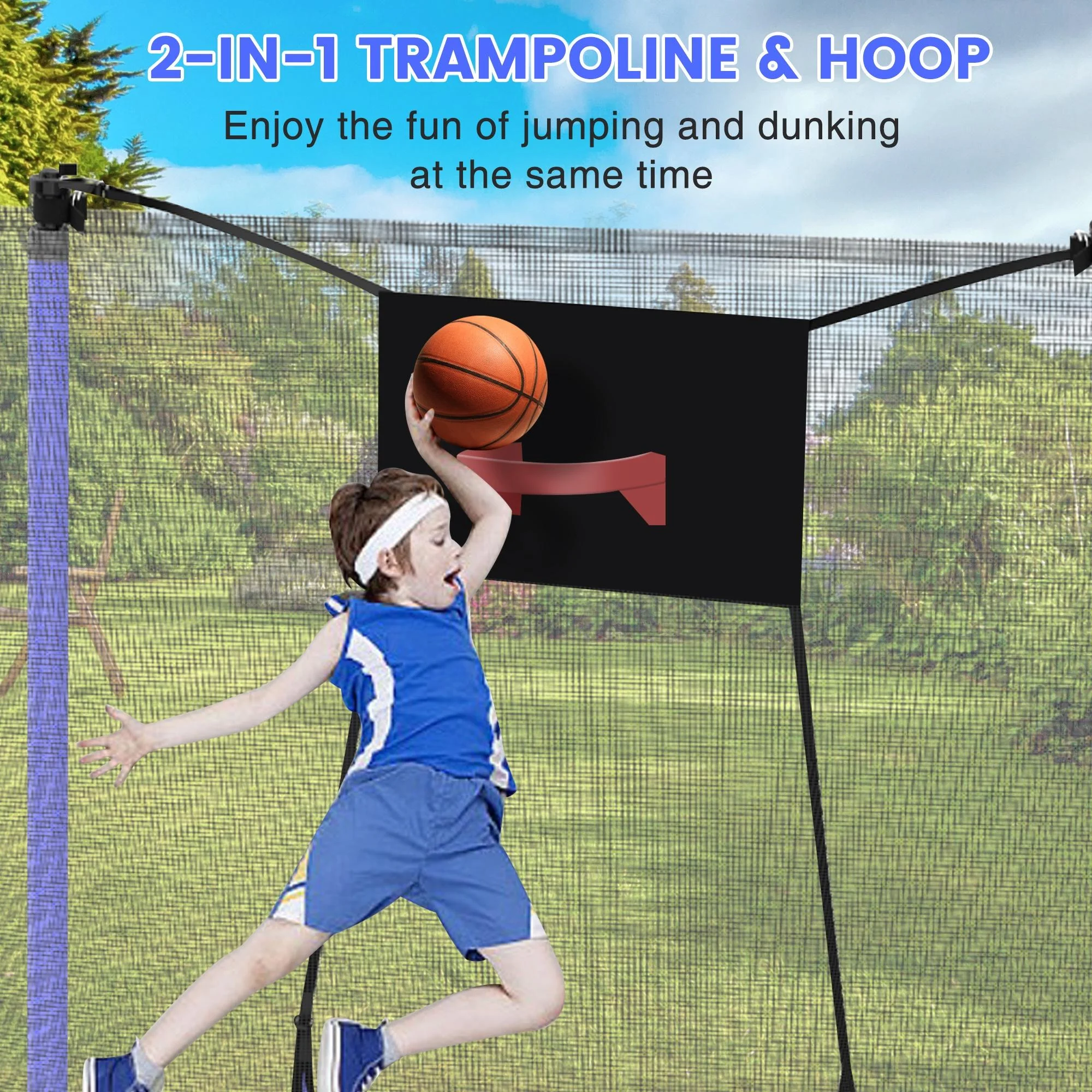 14FT Trampoline, 1320LBS Kids Trampoline with Basketball Hoop, Outdoor Adult Trampoline w/Enclosure Net Heavy-duty Supports(14FT-Blue) - Image 4
