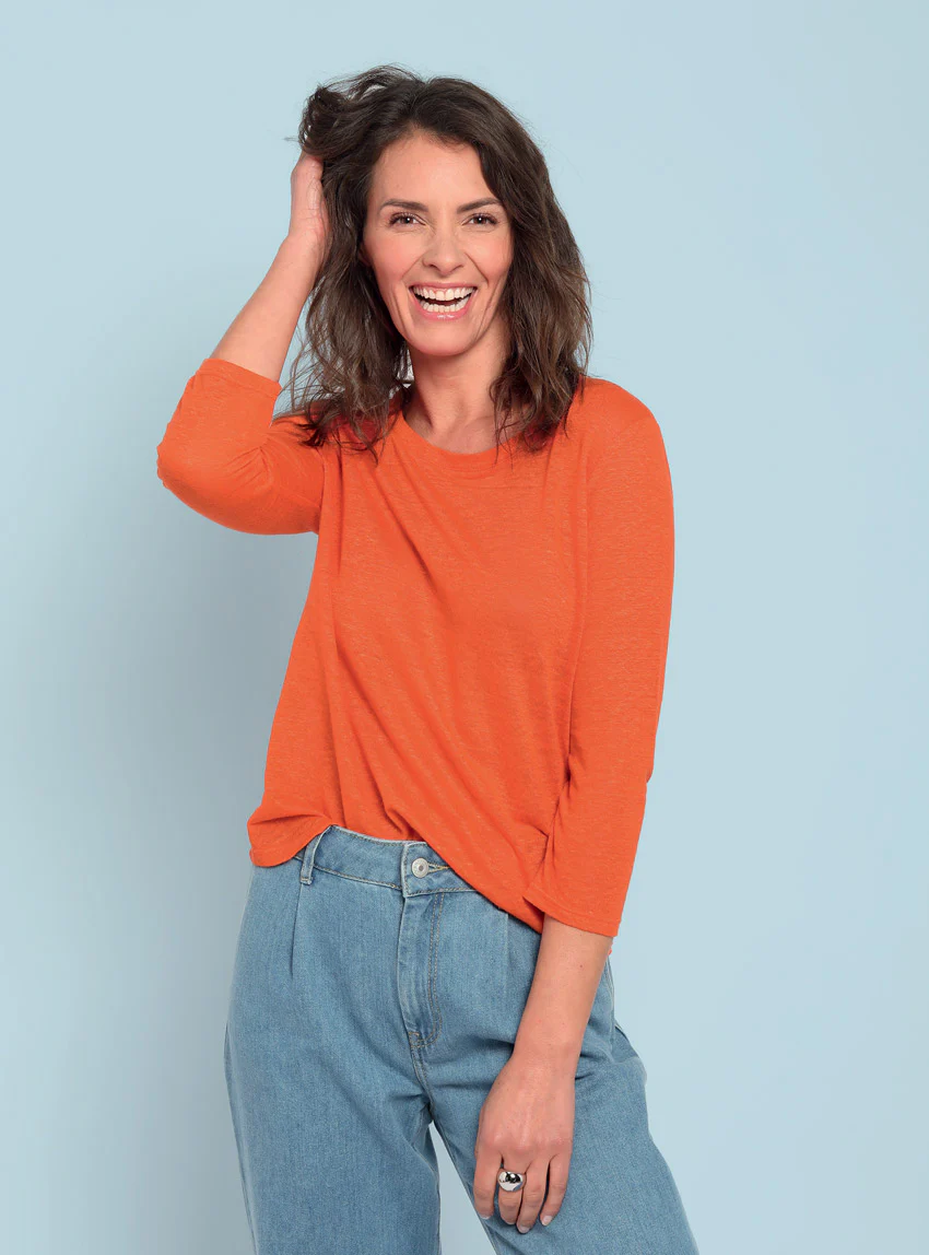 Tee-shirt femme en lin manches 3/4 orange agrume