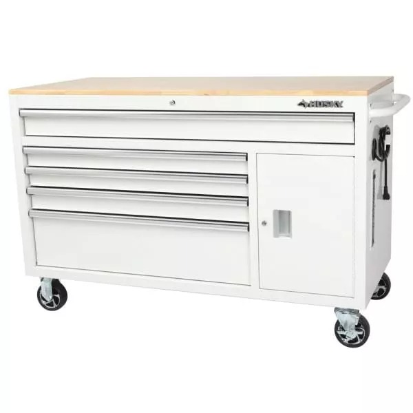 Coffre à outils mobile de 142 cm de large, 5 tiroirs, 1 porte, plateau en bois massif, finition blanc brillant