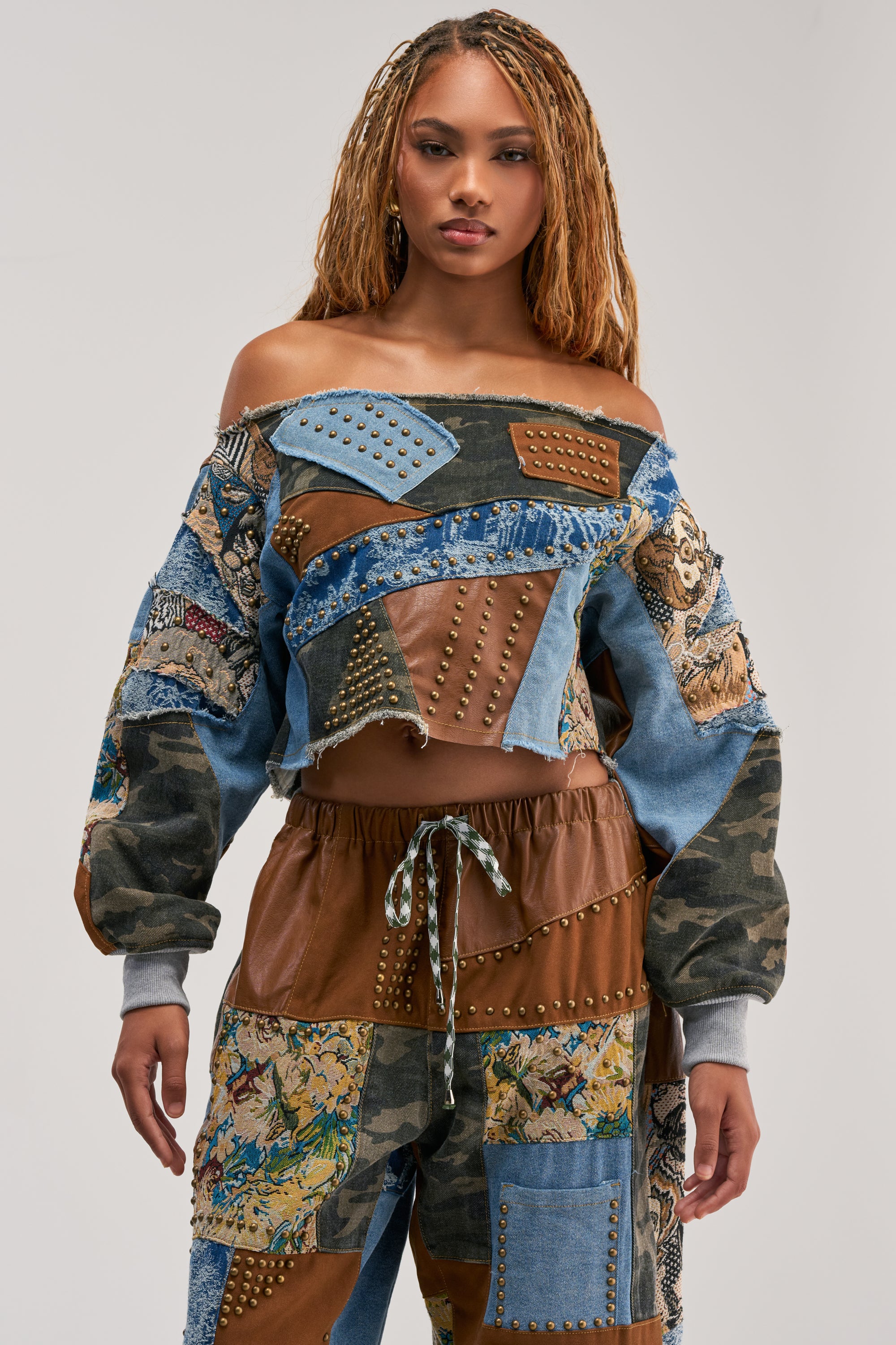 CALL ME CRAZY PATCHWORK OFF THE SHOULDER SWEATSHIRT IN BROWN MULTI - Akira Store