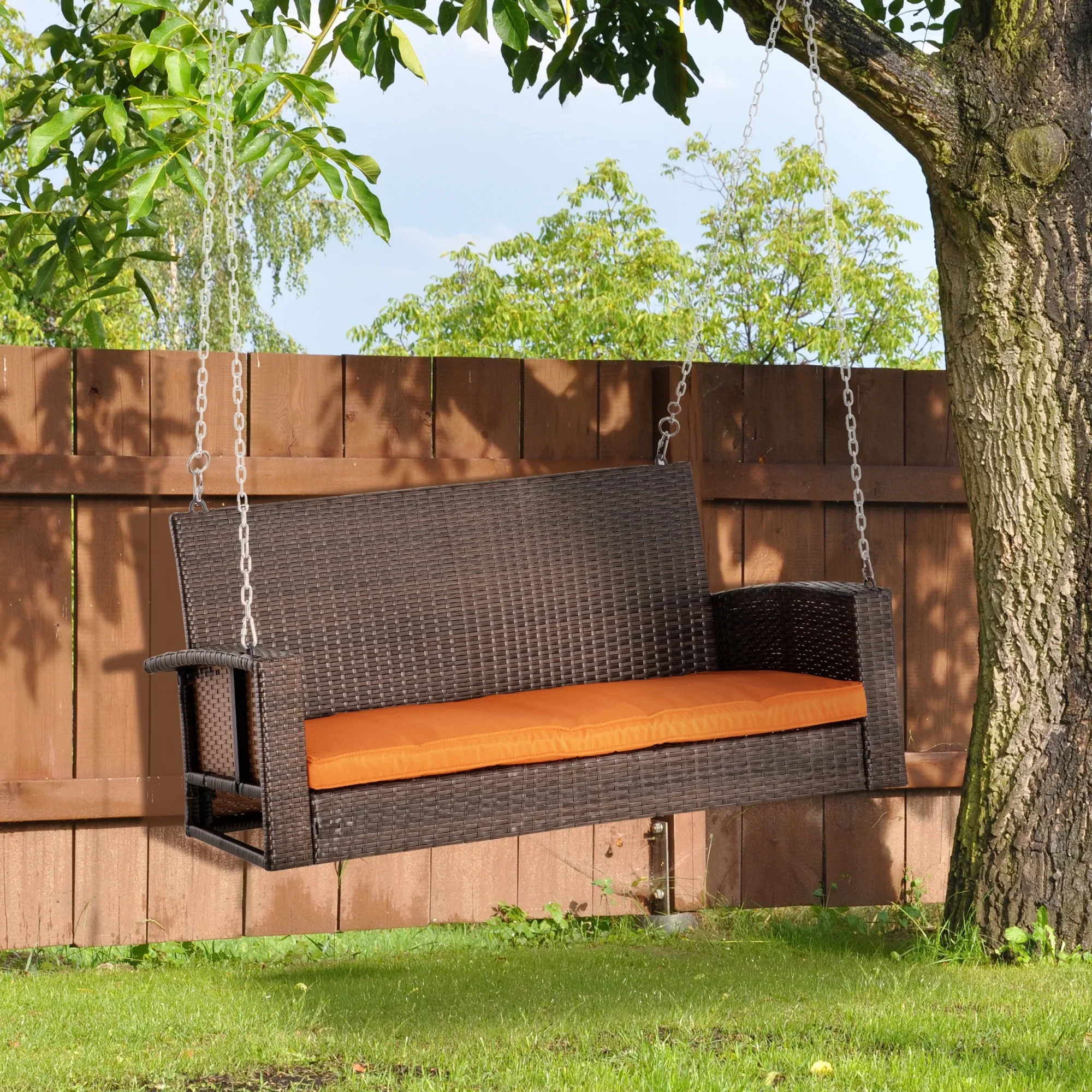 Outsunny 2 Person Wicker Hanging Swing Bench, Front Porch Swing Outdoor Chair with Cushions 550 lbs. Weight Capacity for Backyard, Garden, Cream White