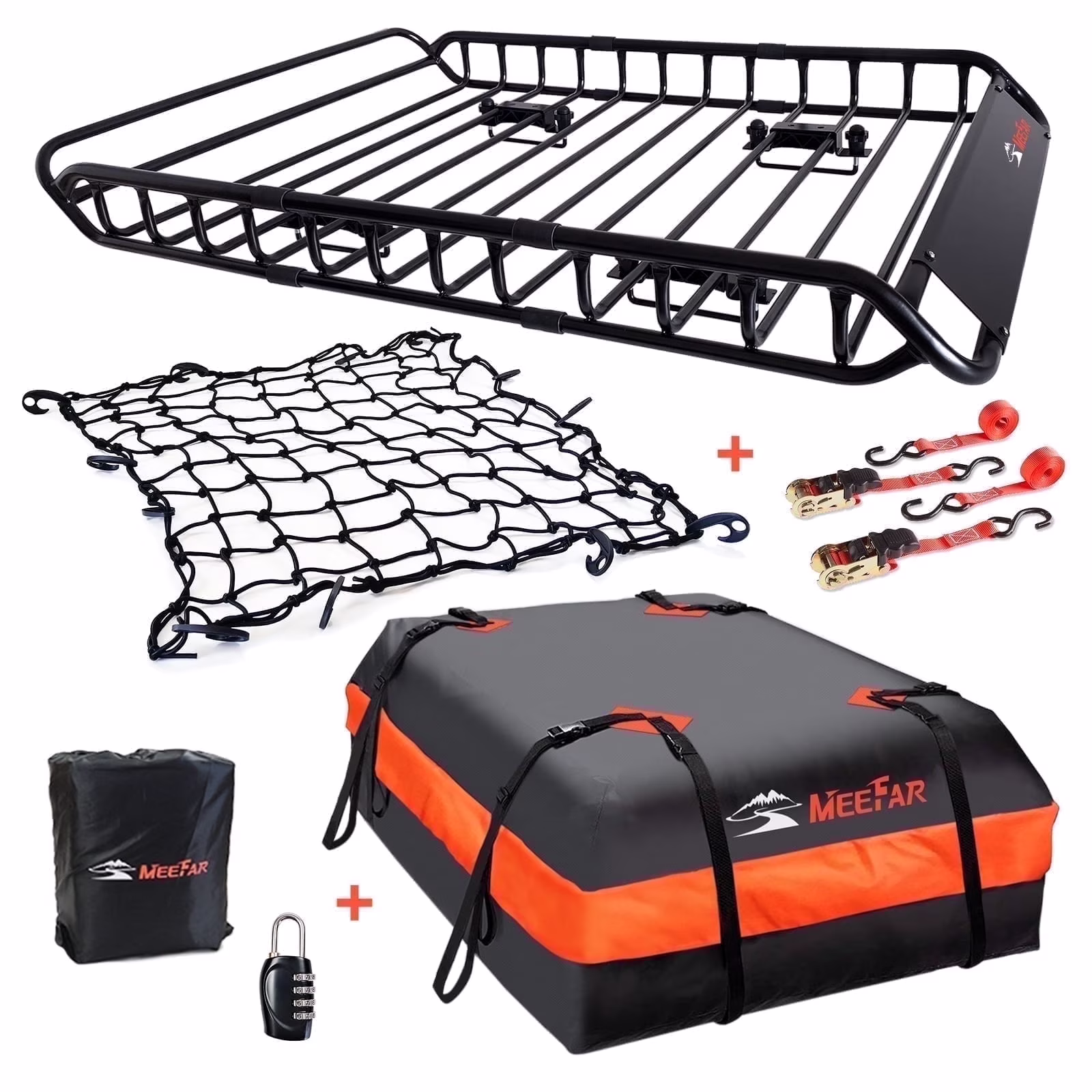 Universal Rooftop Roof Rack Steel Cargo Carrier Basket Size 51" X 36" X 5" + Soft Shell Waterproof Cargo Bag 15 Cu.ft (44" 34" 17") Combo