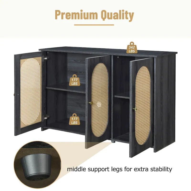 3-Door Buffet Cabinet with Faux Rattan Doors, Shelving, and Metal Handles - Ideal Coffee Bar Sideboard