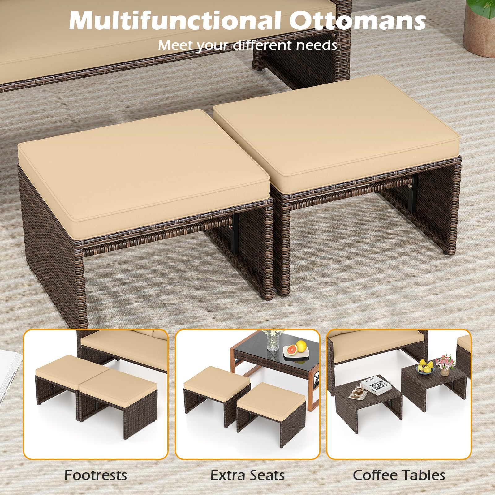 Tangkula 3 Pieces Patio PE Wicker Furniture Set with Cushions