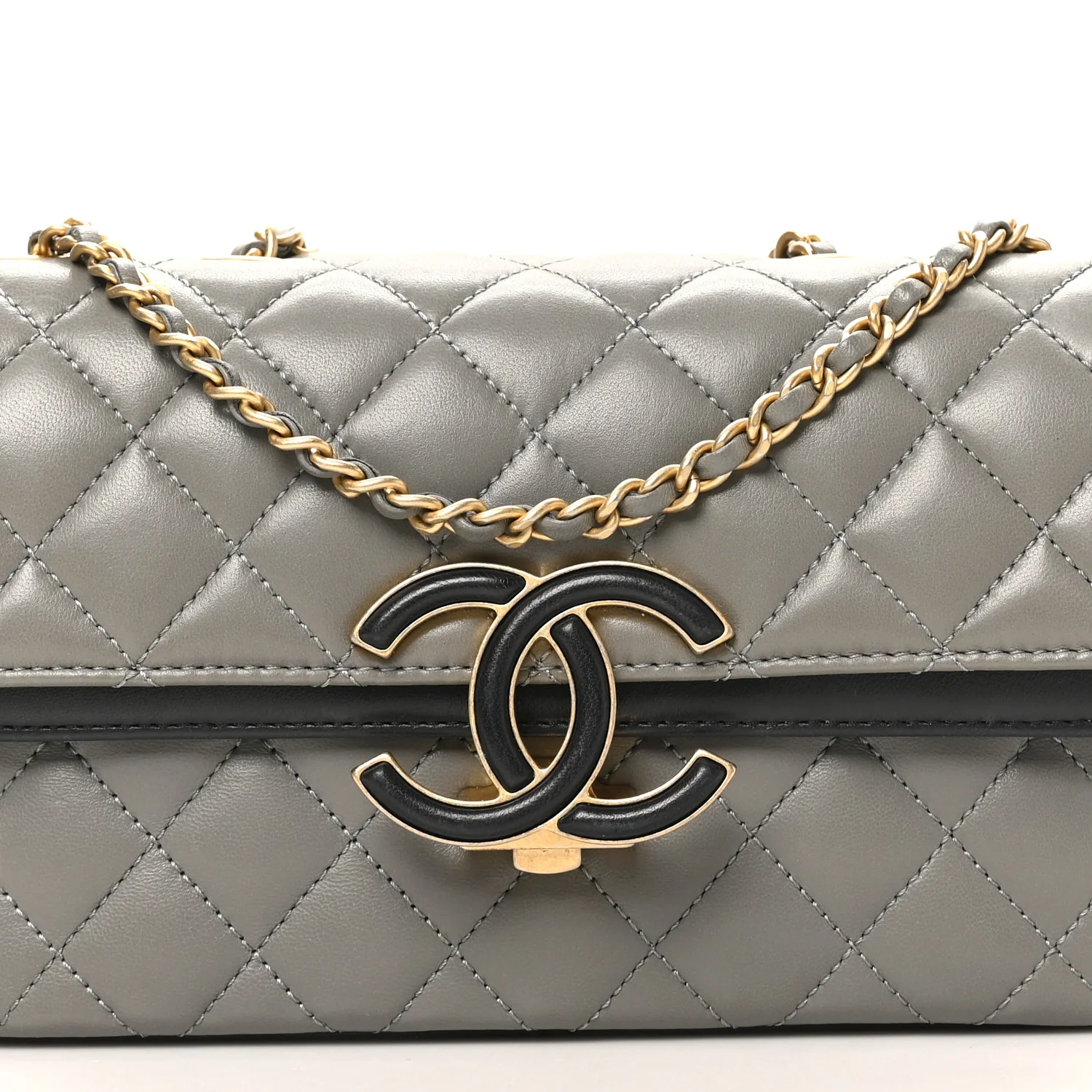 Lambskin Quilted Small CC Chic Flap Grey Dark Navy