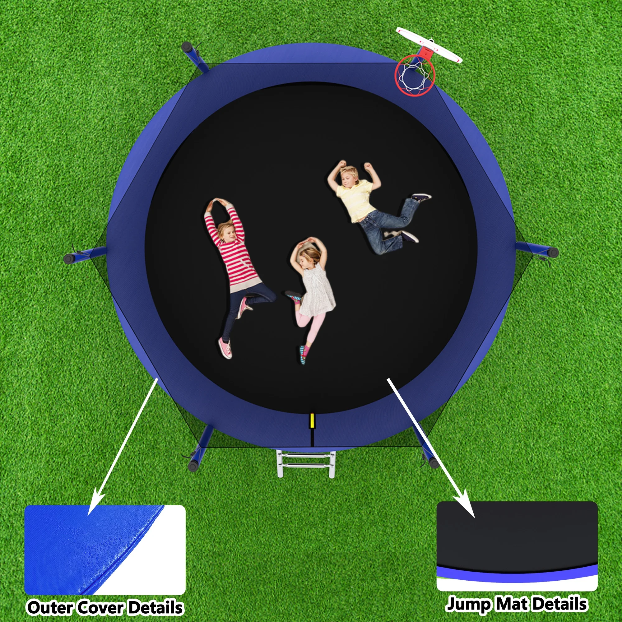 8FT Trampoline for Kids,Outdoor Trampoline with Basketball Hoop,Heavy Duty Trampoline with Safety Enclosure Net,Blue(Blue) Image 7