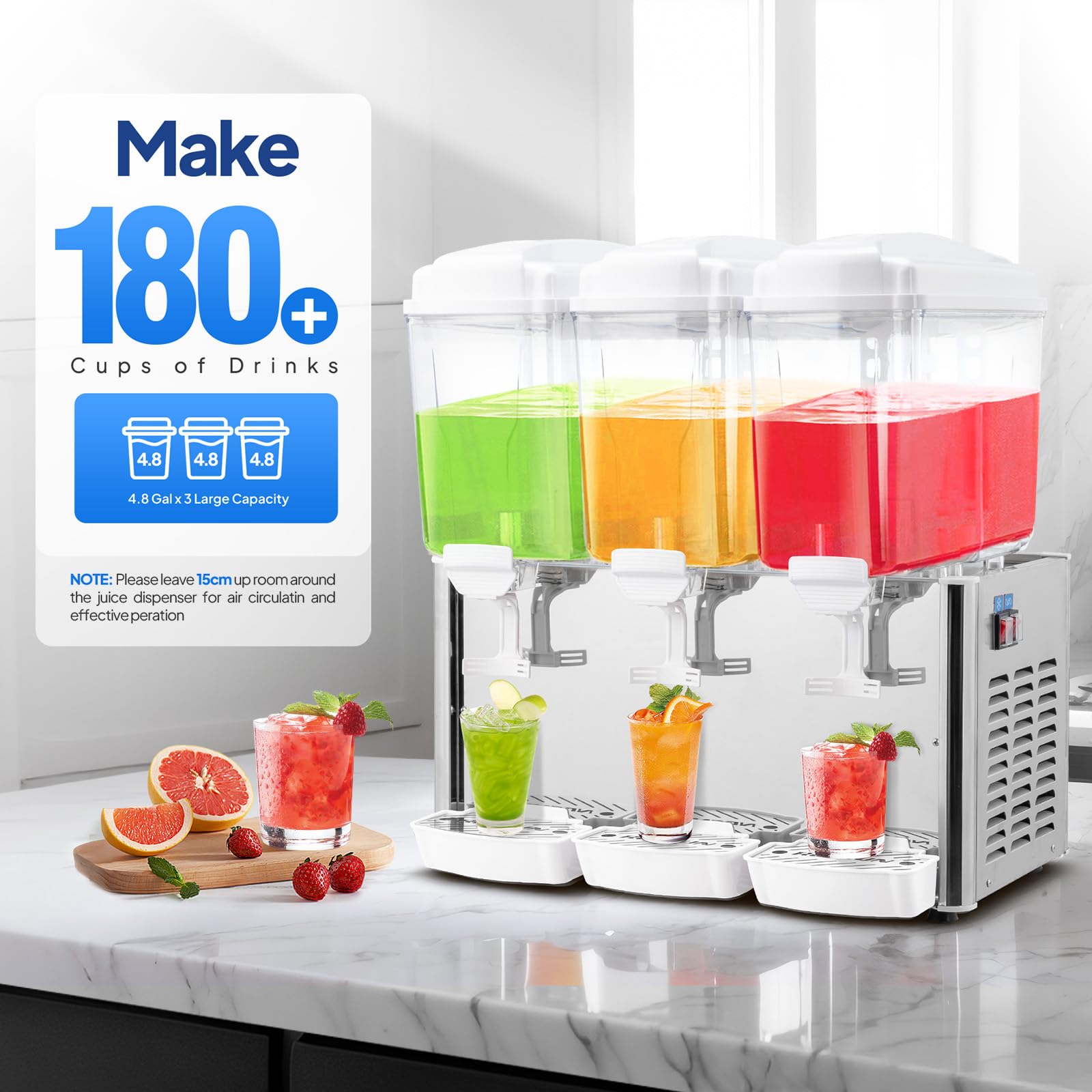 Commercial Juice Dispenser 4.8Gal X 3 Tanks, Cold Drink Dispenser Commercial Beverage Dispenser Stainless Steel with Thermostat Controller for Home Restaurant Bar Party 110V/60HZ