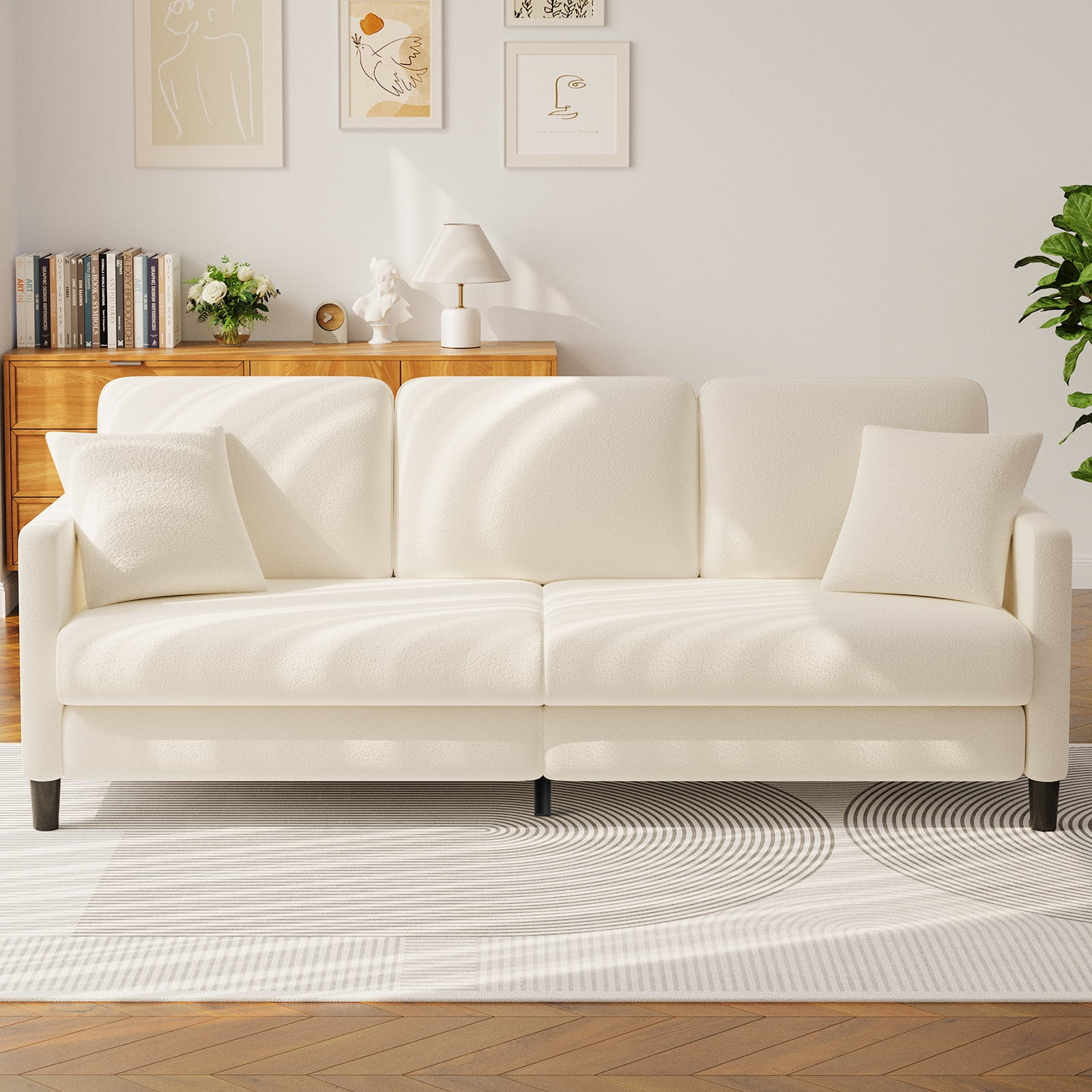 83" Comfortable Upholstered Sofa, 3 Seater Couch for Living Room, Neche Big Loveseat with Extra Deep Seats, 2 Pillows, Beige White