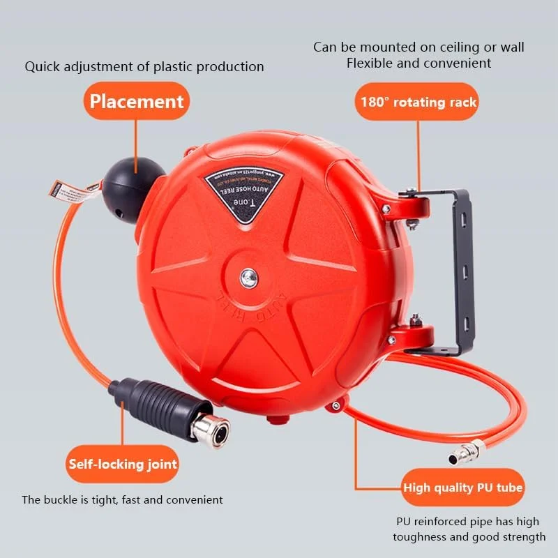 8mm Automatic Retractable Hose Reel for Car Wash, Garden Irrigation, Wall Mount High Pressure Water Pipe Holder, 10m Length, Pressure Washer Hose Reel