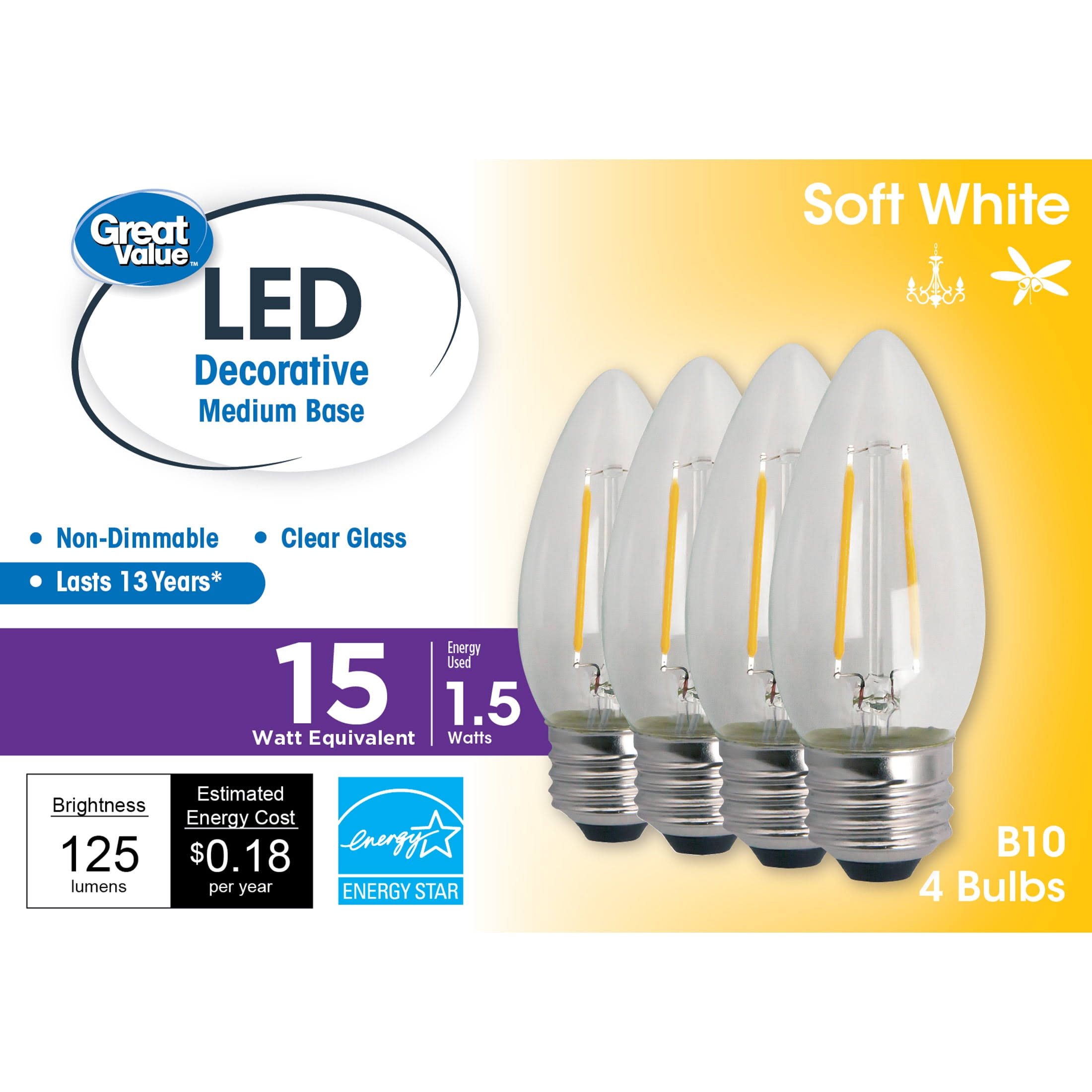 Great Value LED Light Bulb, 1.5 Watts (15w Equivalent) B10 Deco Lamp E26 Medium Base, Non-Dimmable, Soft White, 4-Pack