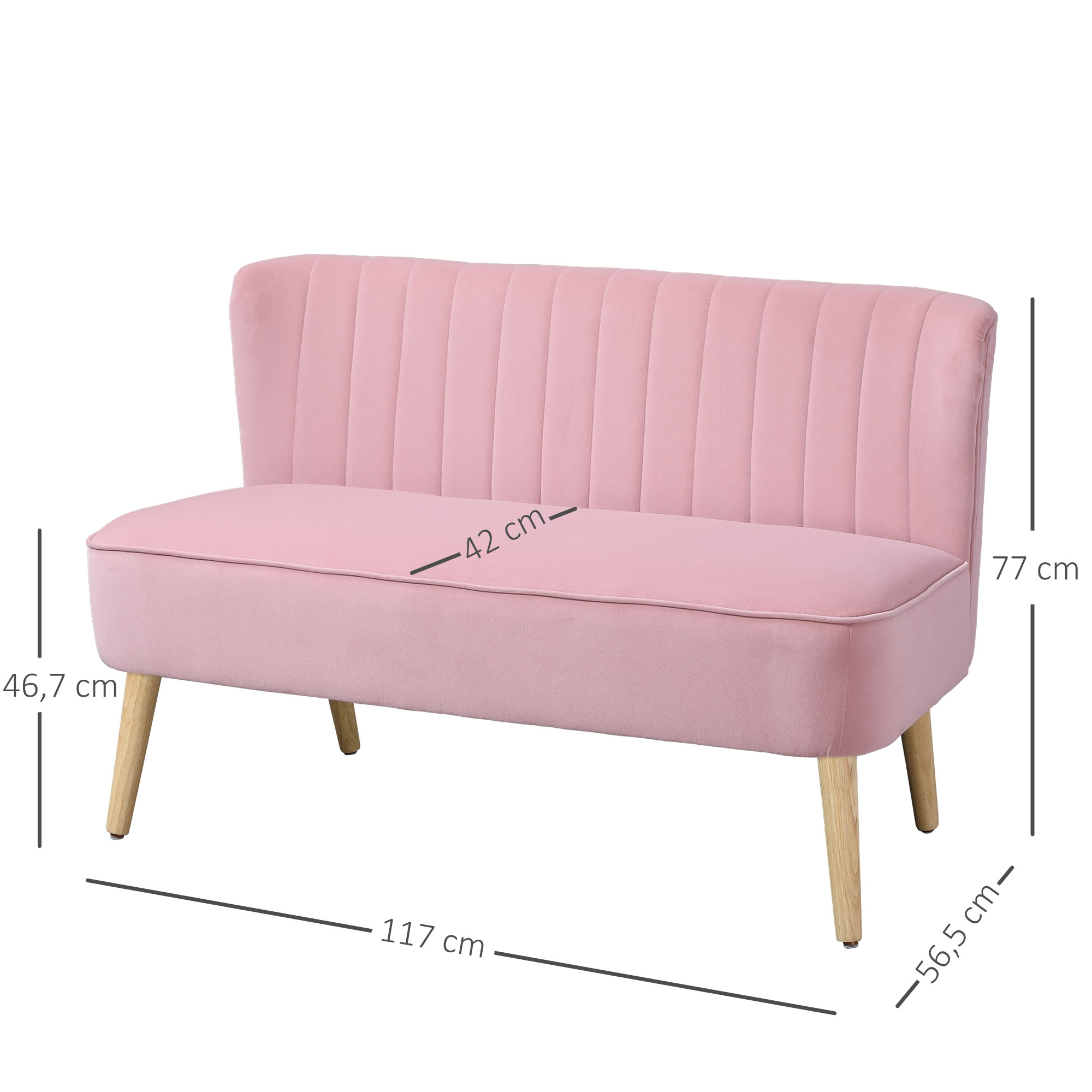 HOMCOM Sofa Retrodesign 2-zitsbank, houten poten, 117 cm x 56,5 cm x 77 cm, Roze
