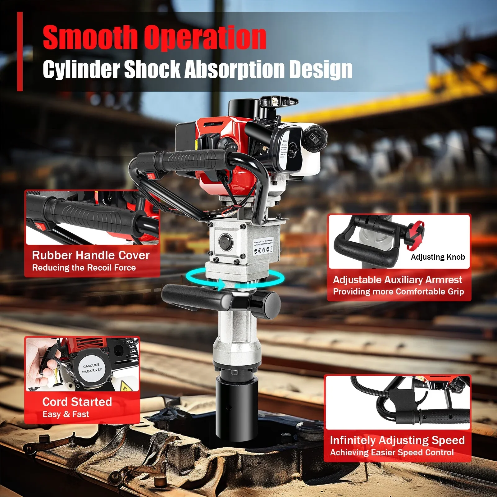 Anqidi 2 Stroke 32.7CC T-Post Driver Piledriver Gas Powered Garden Farm Fence Piling Machine 900W Gasoline Pile Driver Petrol Engine Hammer Push Pile Profession Kit