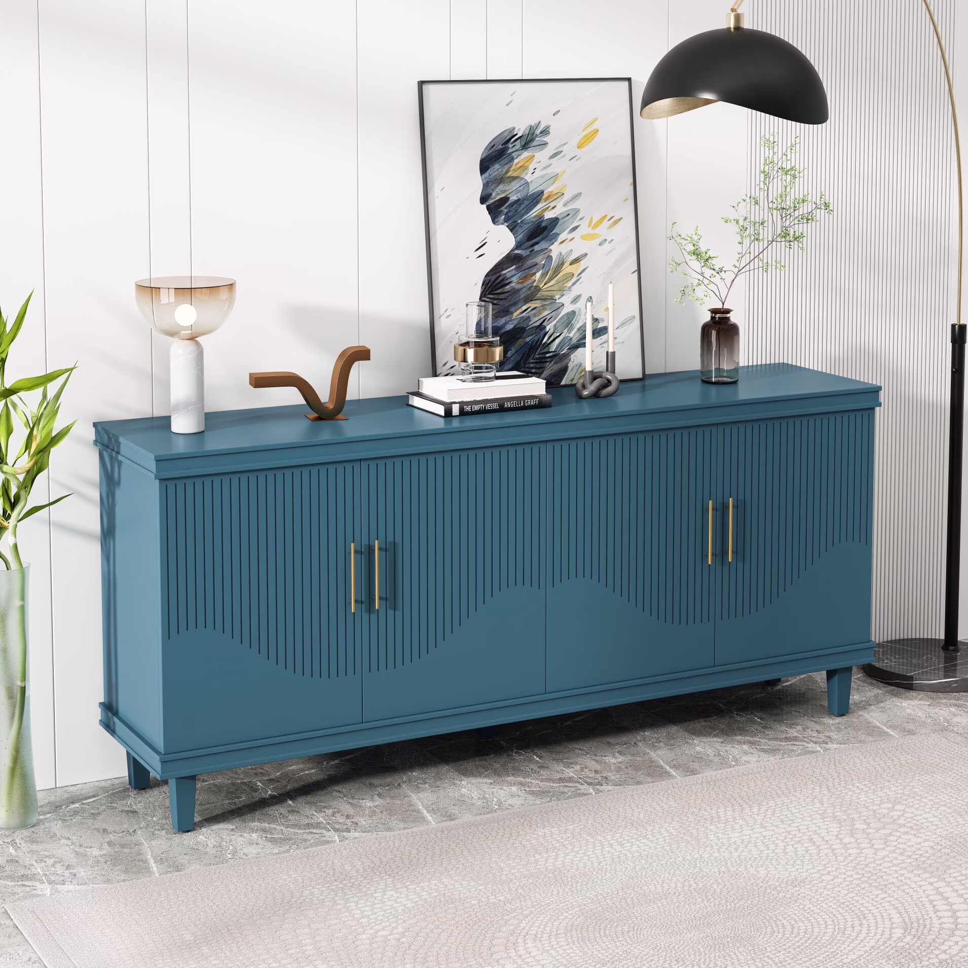 Large 4-Door Storage Cabinet with Adjustable Shelves, Modern Multi-Room Organizer for Living Room, Kitchen, Bedroom, Hallway Blue(Solid Wood+MDF/Blue) - Image 5