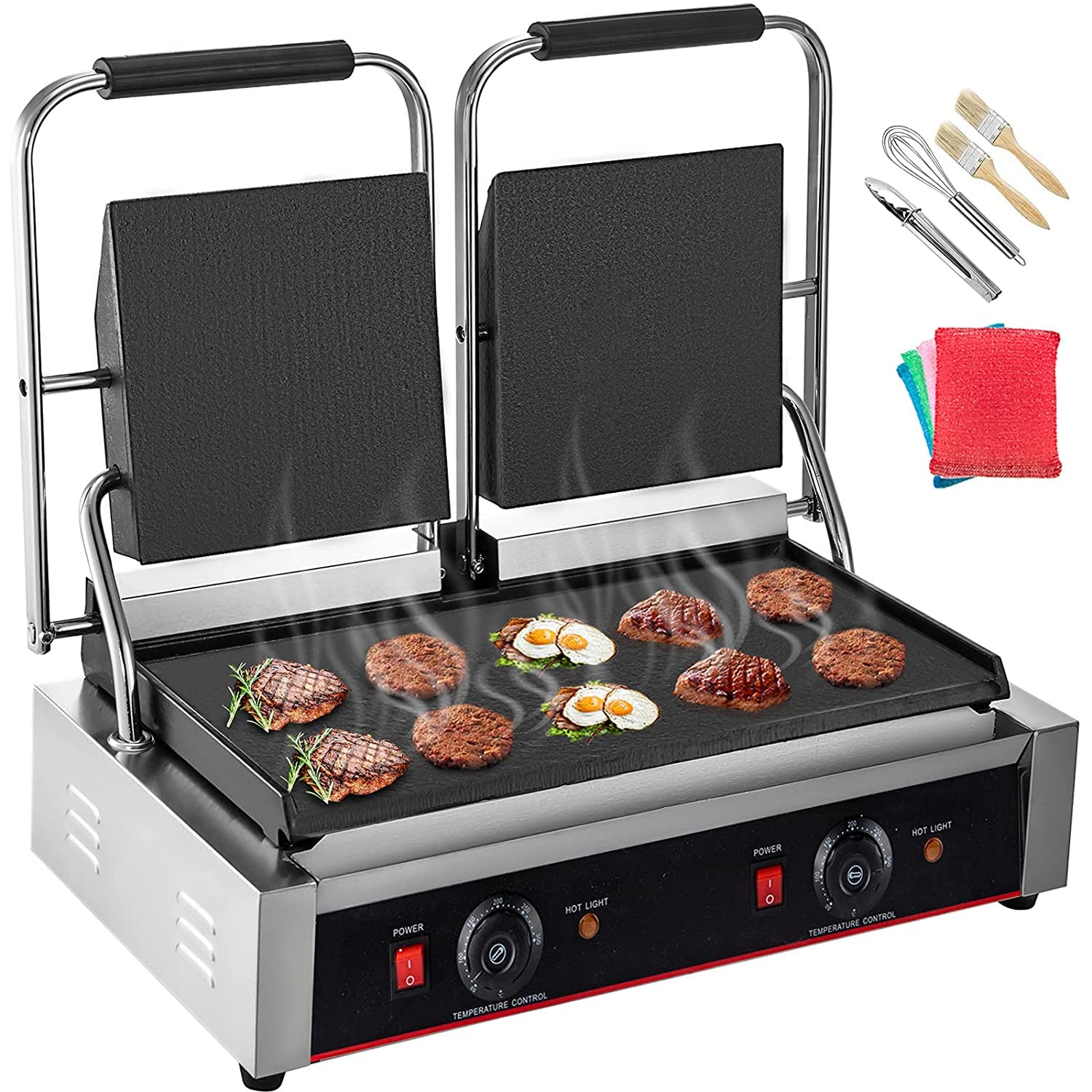 Commercial Sandwich Panini Press Grill, 2X1800W Double Flat Plates Electric Stainless Steel Sandwich Maker, Temperature Control 122°F-572°F Non Stick Surface for Hamburgers Steaks Bacons.