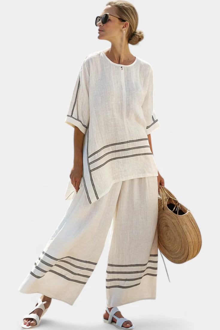 Vittorina – haut asymétrique à rayures sophistiqué et pantalons audacieux