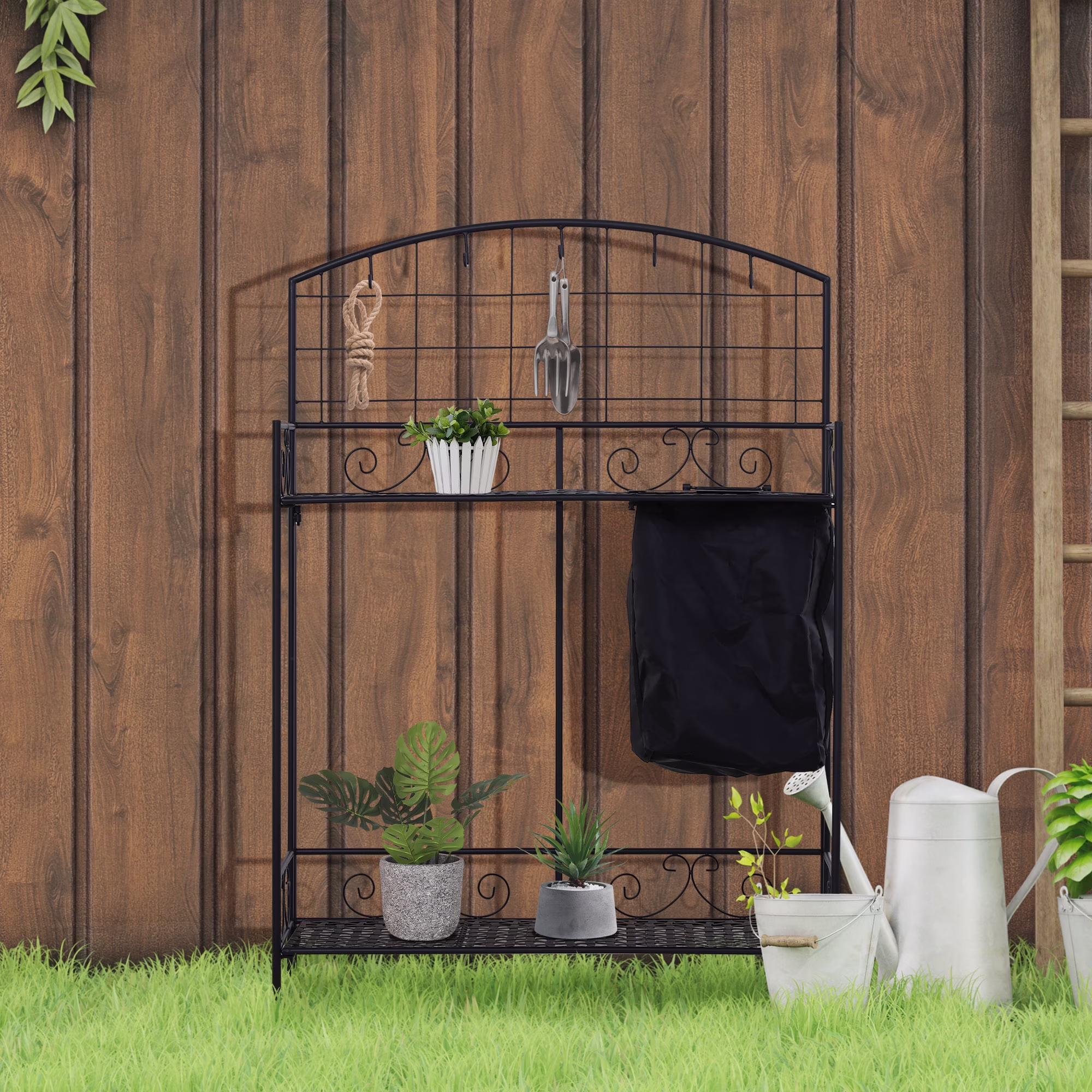 Outsunny Folding Potting Bench Table, Metal Garden Workstation, Work Bench with Large Build-In Bag with Cover, 5 Hanging Hooks & Storage Shelf