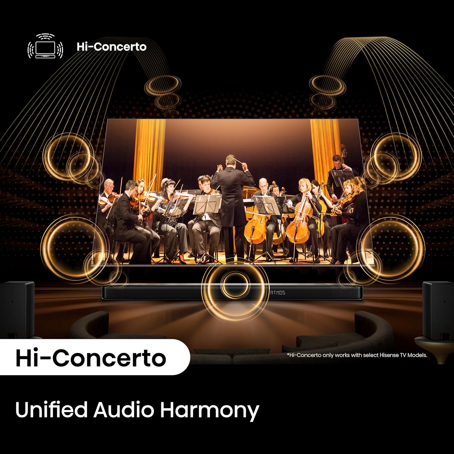 Hisense AX5140Q 5.1.4Ch Sound Bar with Wireless Subwoofer  Dolby Atmos  DTS:X  Bluetooth 5.3  Roku TV Ready  HDMI/AUX/ARC/Optical/USB  EzPlay  7 EQ Modes  Hi Concerto  Room Calibration