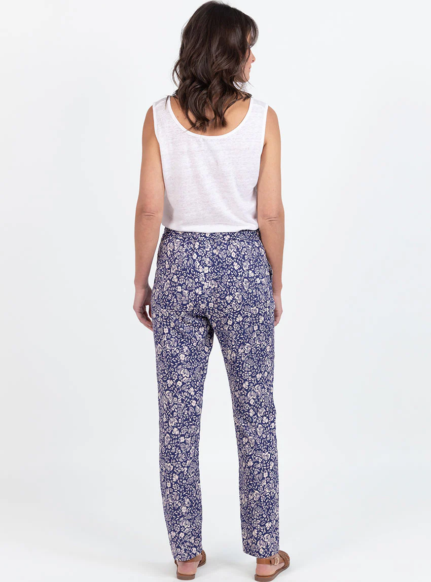 Pantalon femme en viscose imprimé bouquet bleu