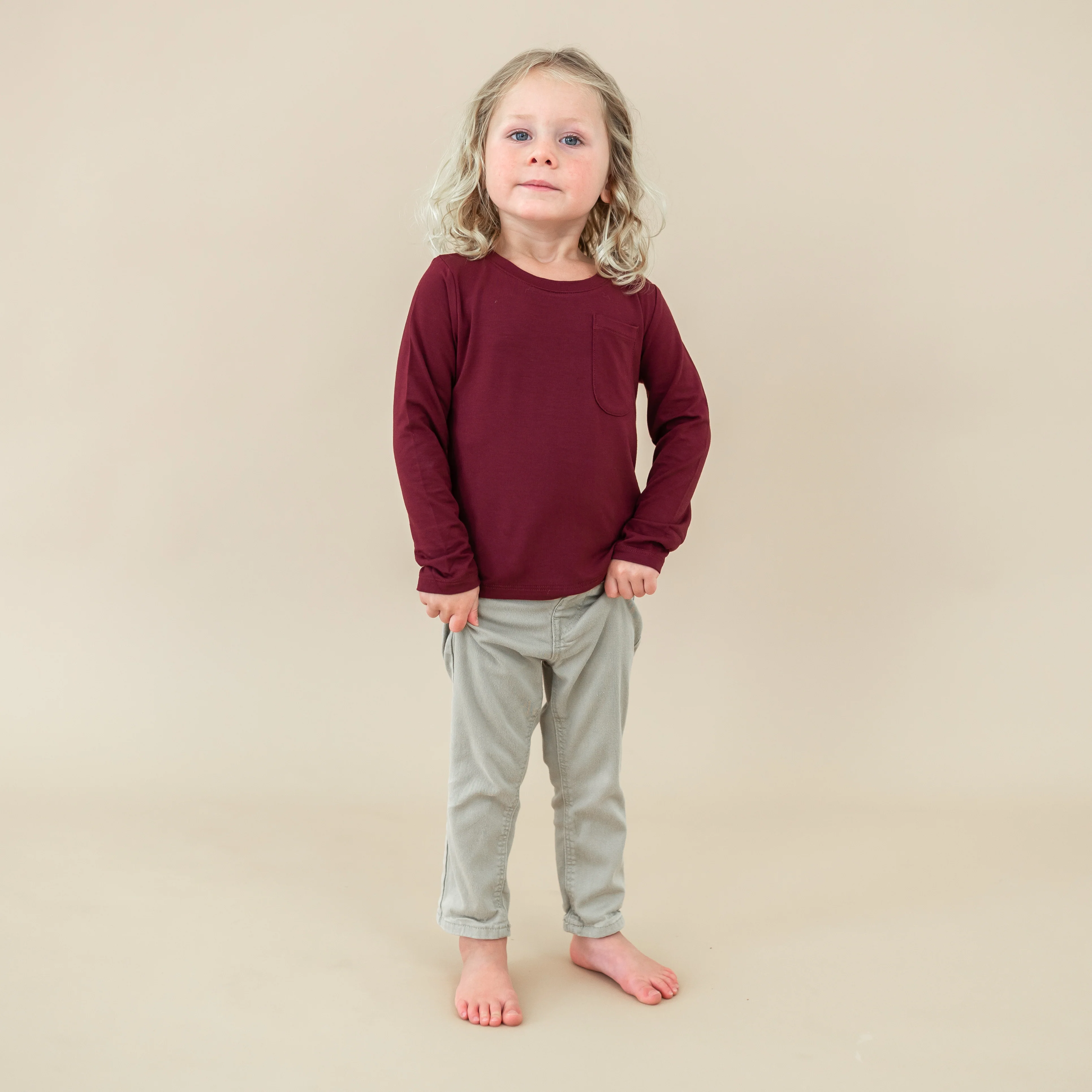 Long Sleeve Toddler Crew Neck Tee in Burgundy