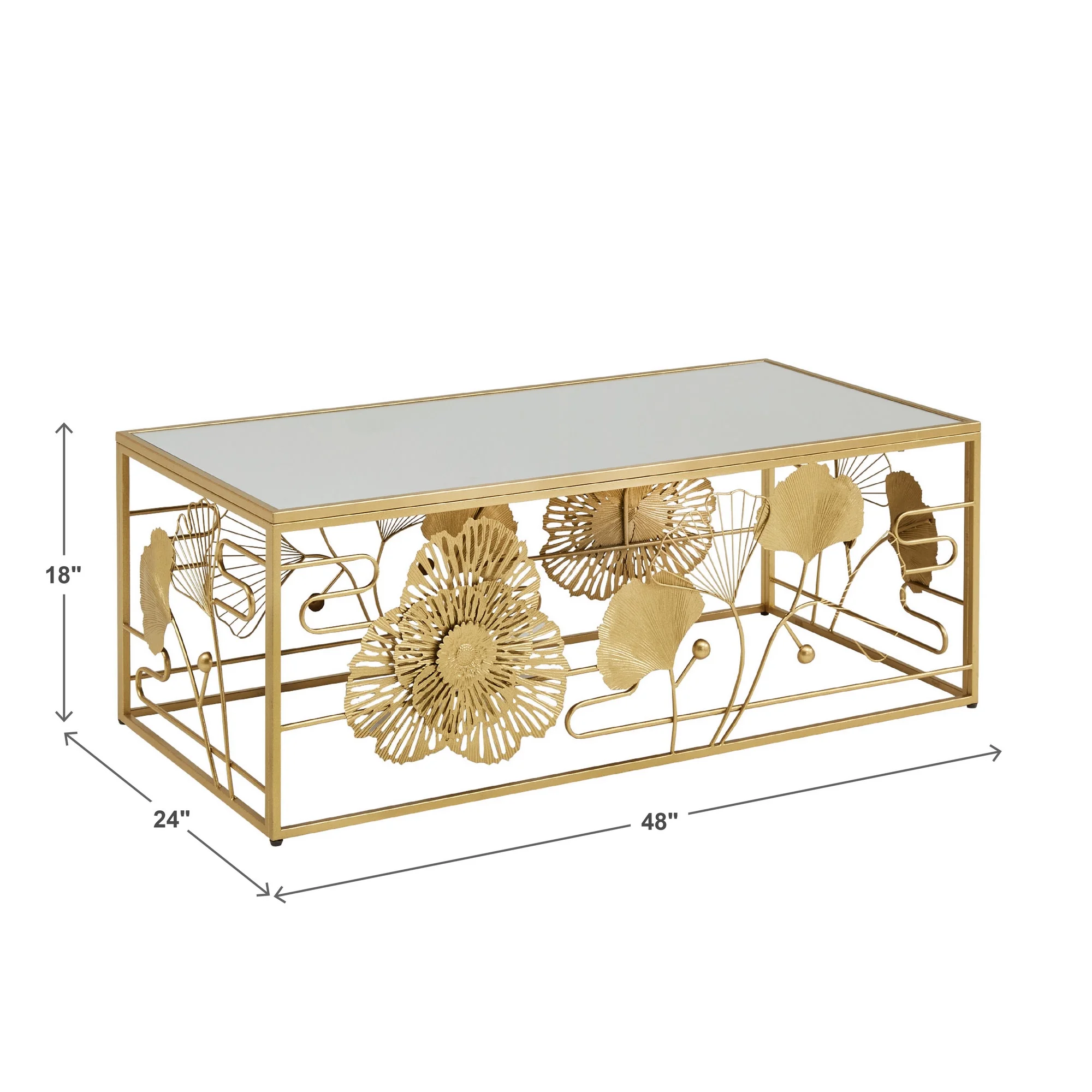 Ditmas Glam Peony and Ginkgo Rectangular Coffee Table with Mirror Top, Gold(Gold) - Image 8