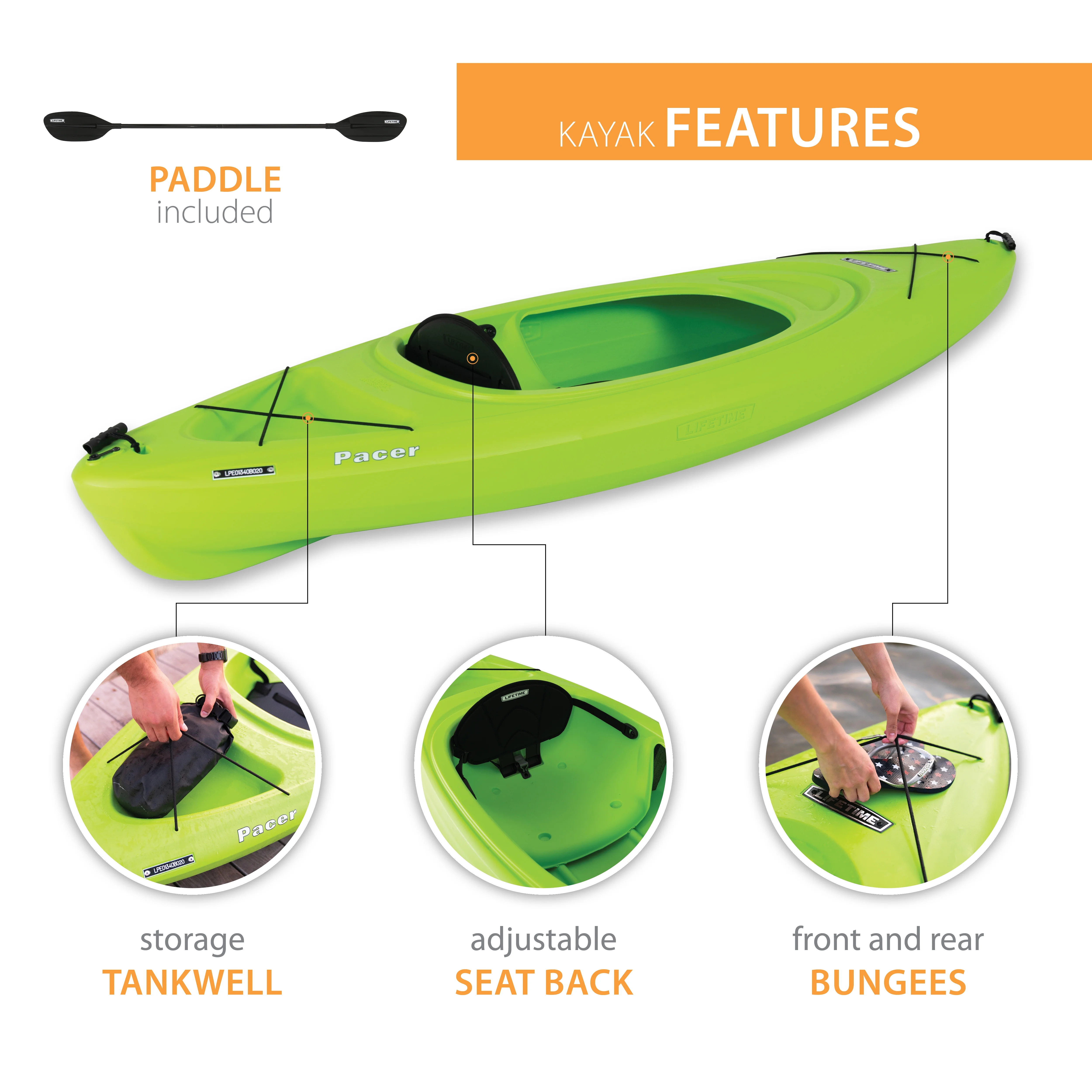 Pacer 8 ft Sit Inside Kayak, Green (91032)(Lime Green) Image 6