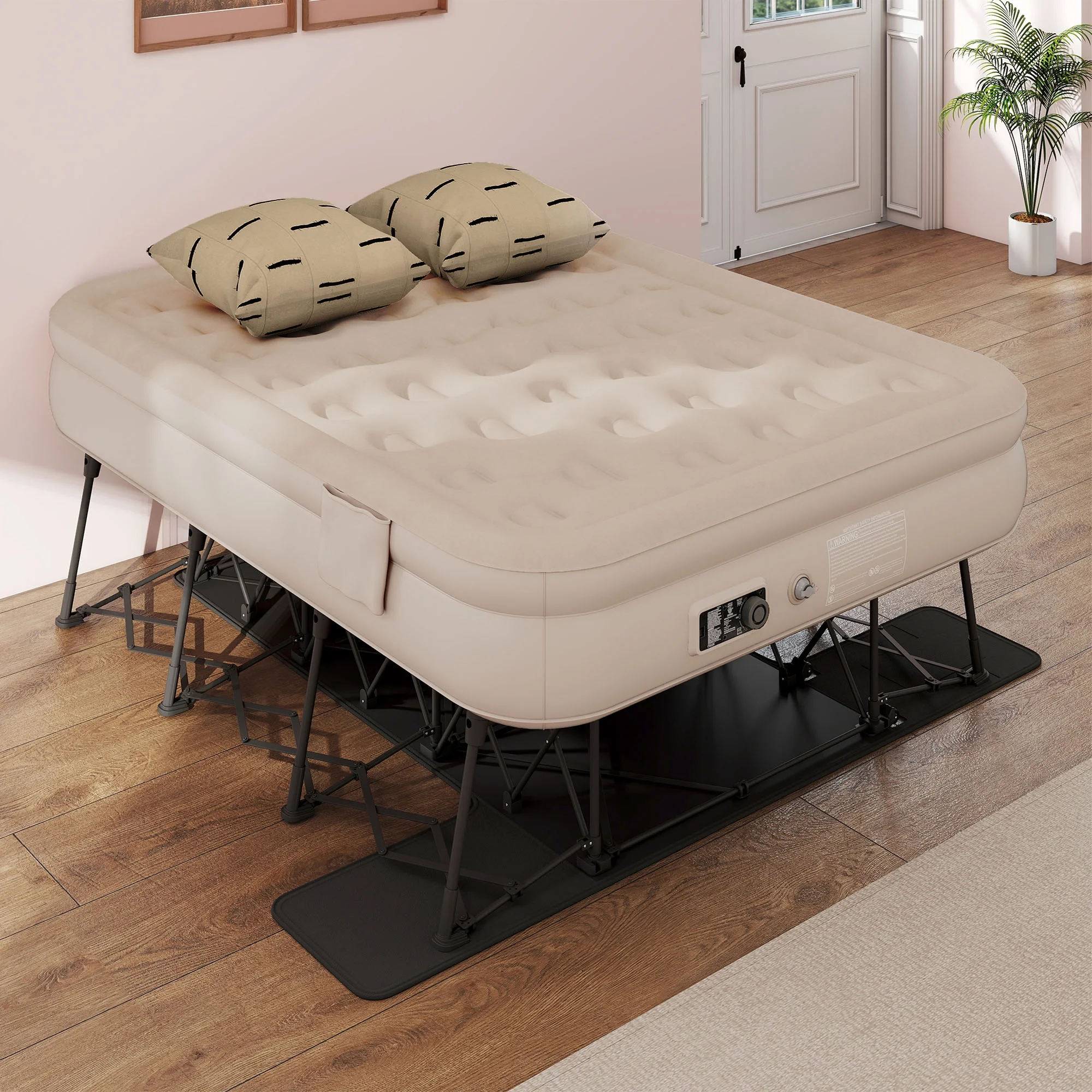 Uforic Inflatable Queen Air Mattress with Built - in Pump, Frame, Velvet Surface & Portable Storage Case, Khaki