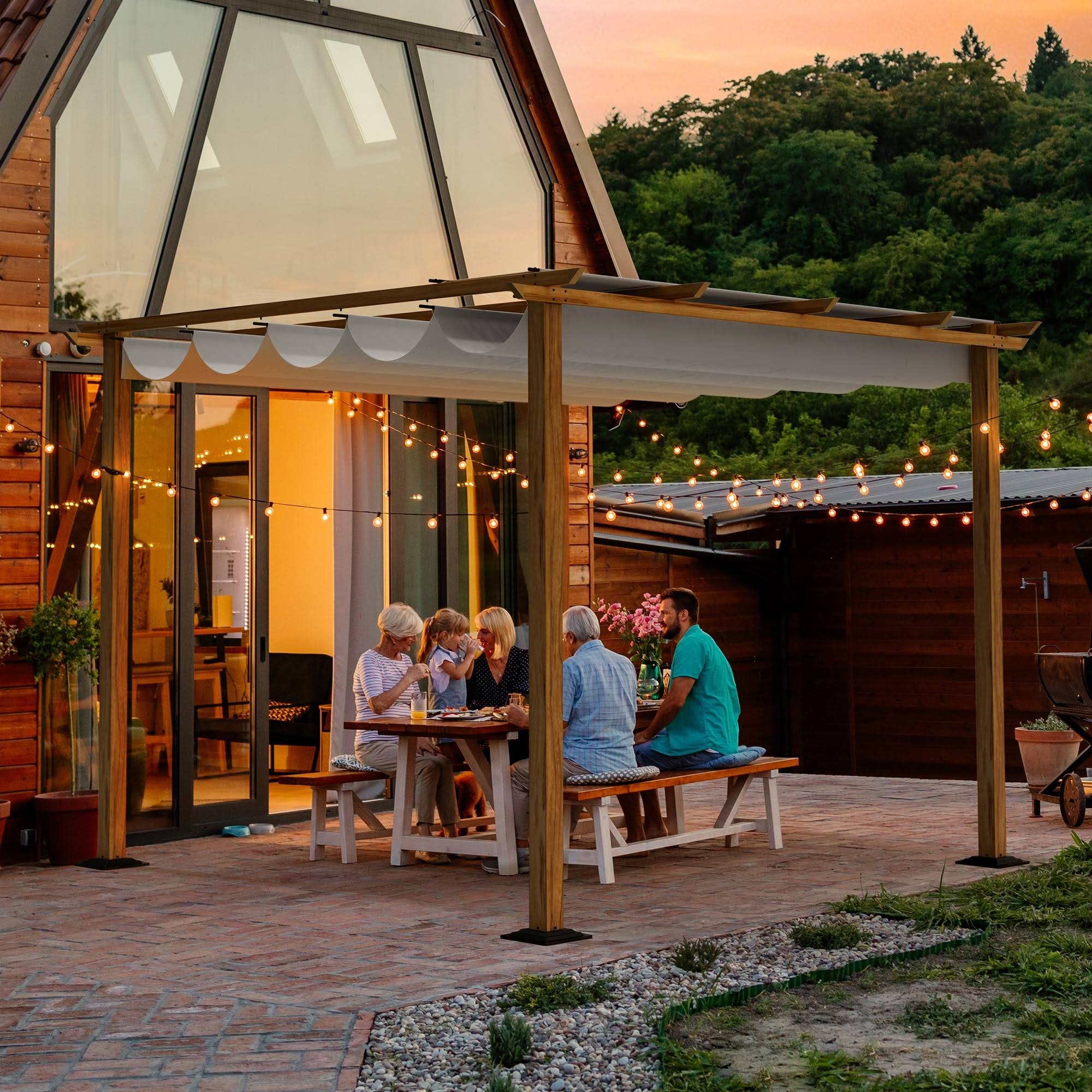 10 ft. x 10 ft. Wood Grain Aluminum Outdoor Pergola with Retractable Shade Canopy - Grey