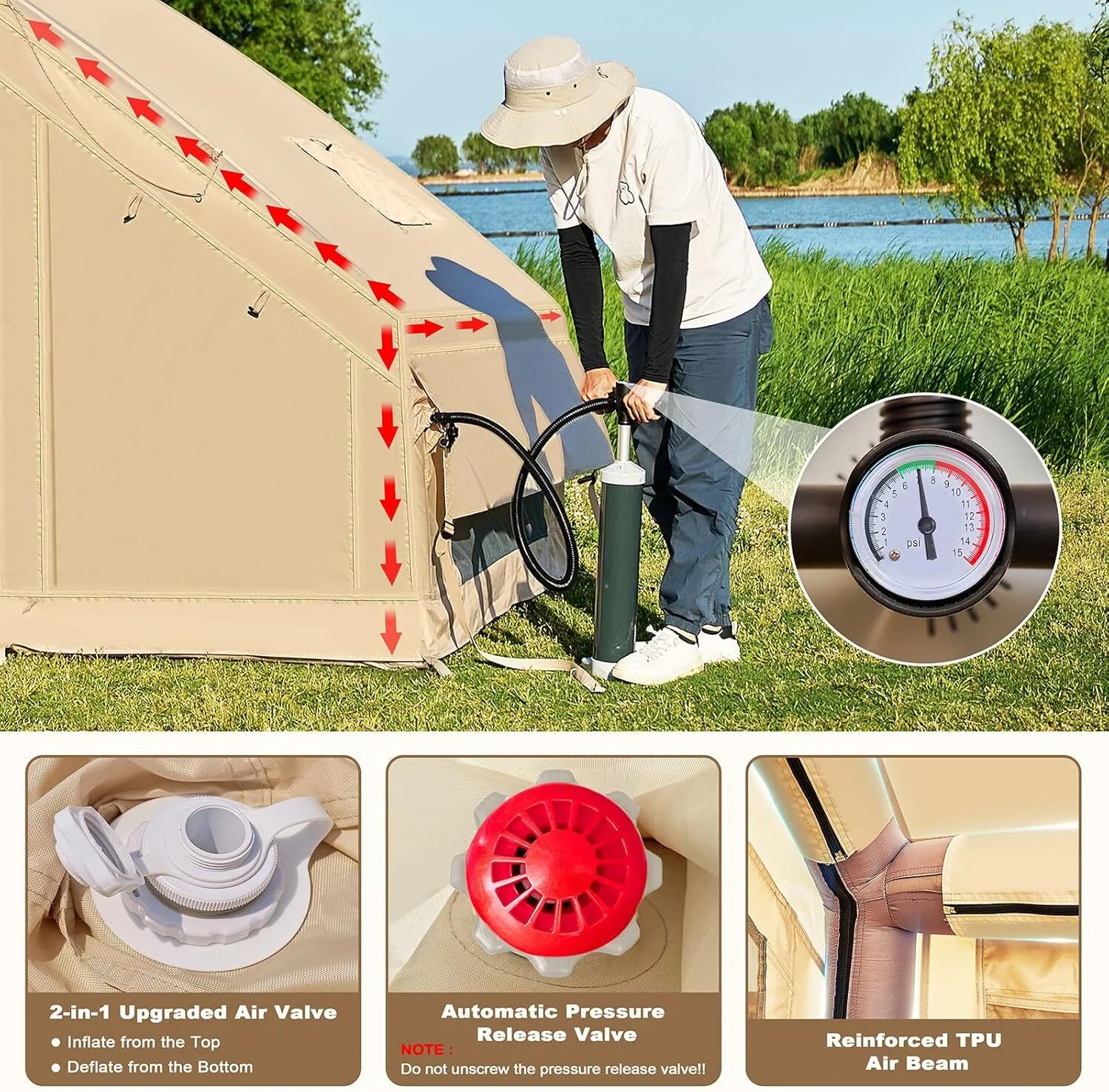 NAIZEA Inflatable Tent Air Glamping Tents 6person Cabin Tent&Mesh&Chimney Window