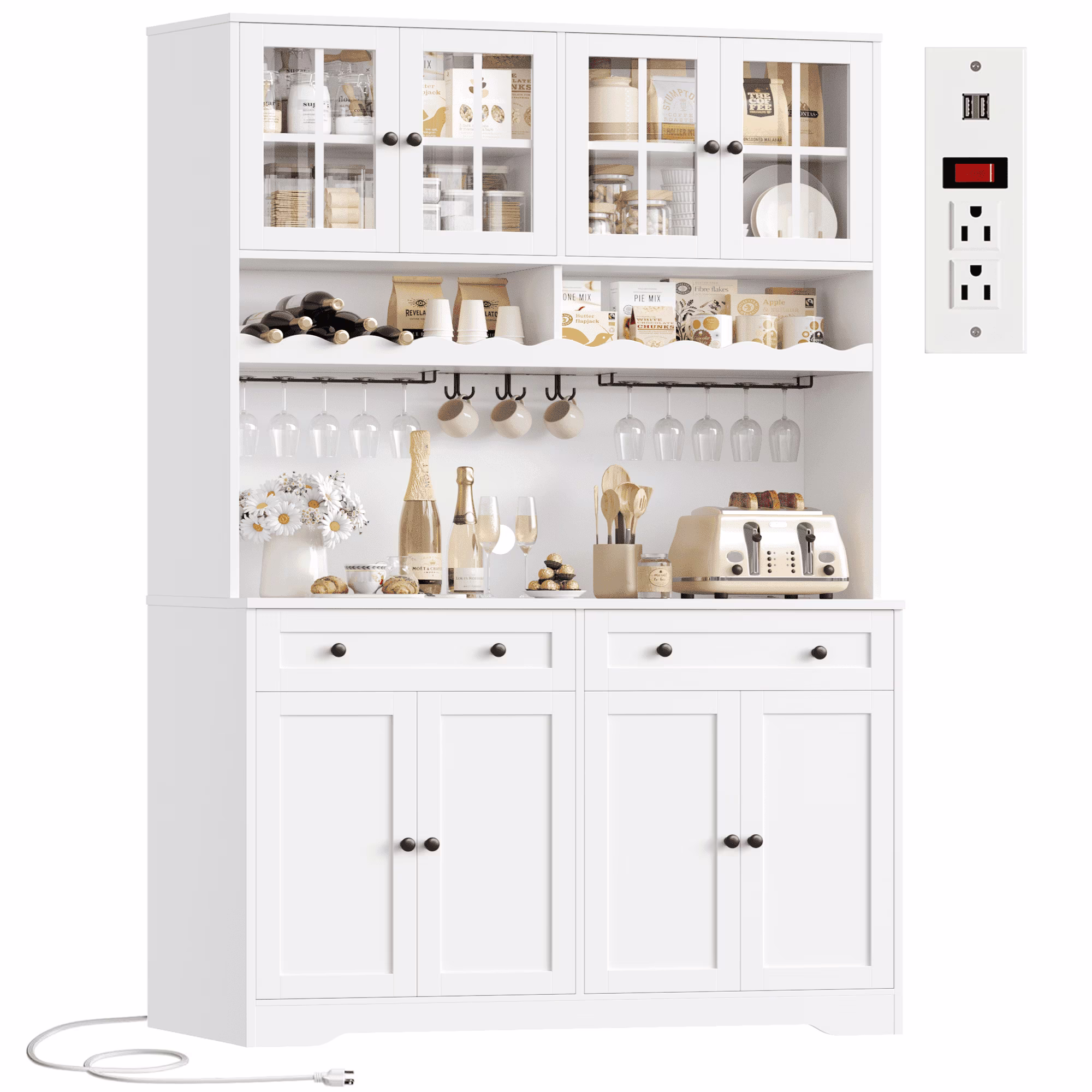 75"Tall Kitchen Pantry Storage Cabinet with Power Outlet, Large Pantry Cabinet with Microwave Stand, Modern Freestanding Cupboard Hutch for Home Dinning Room, White(White)