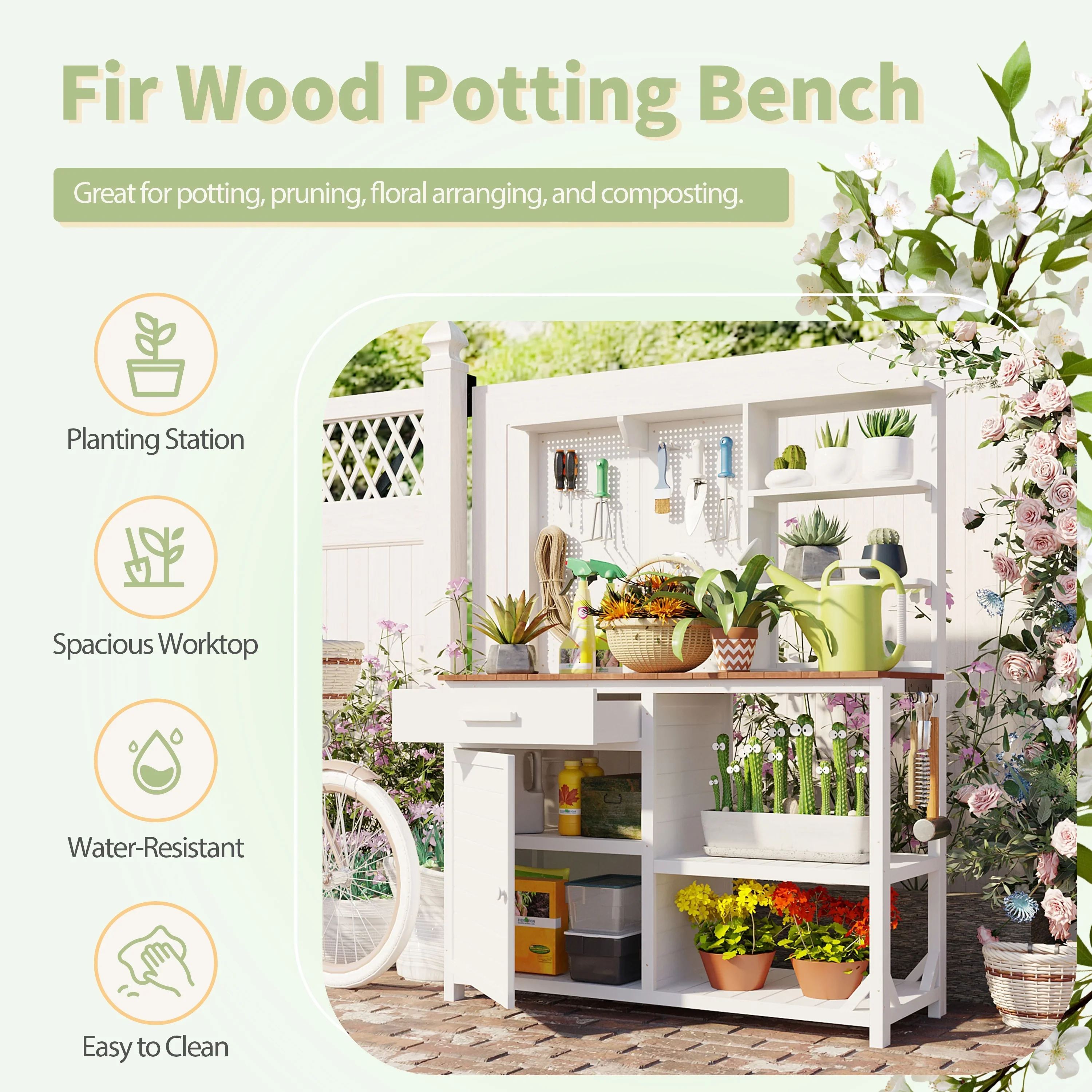 Yoneston Wood Potting Bench with Hutch, Garden Workstation for Planting, 5 Shelves & Adjustable Storage, Pegboard with Hooks, 50.2''Countertop, Drawer & Cabinet, White
