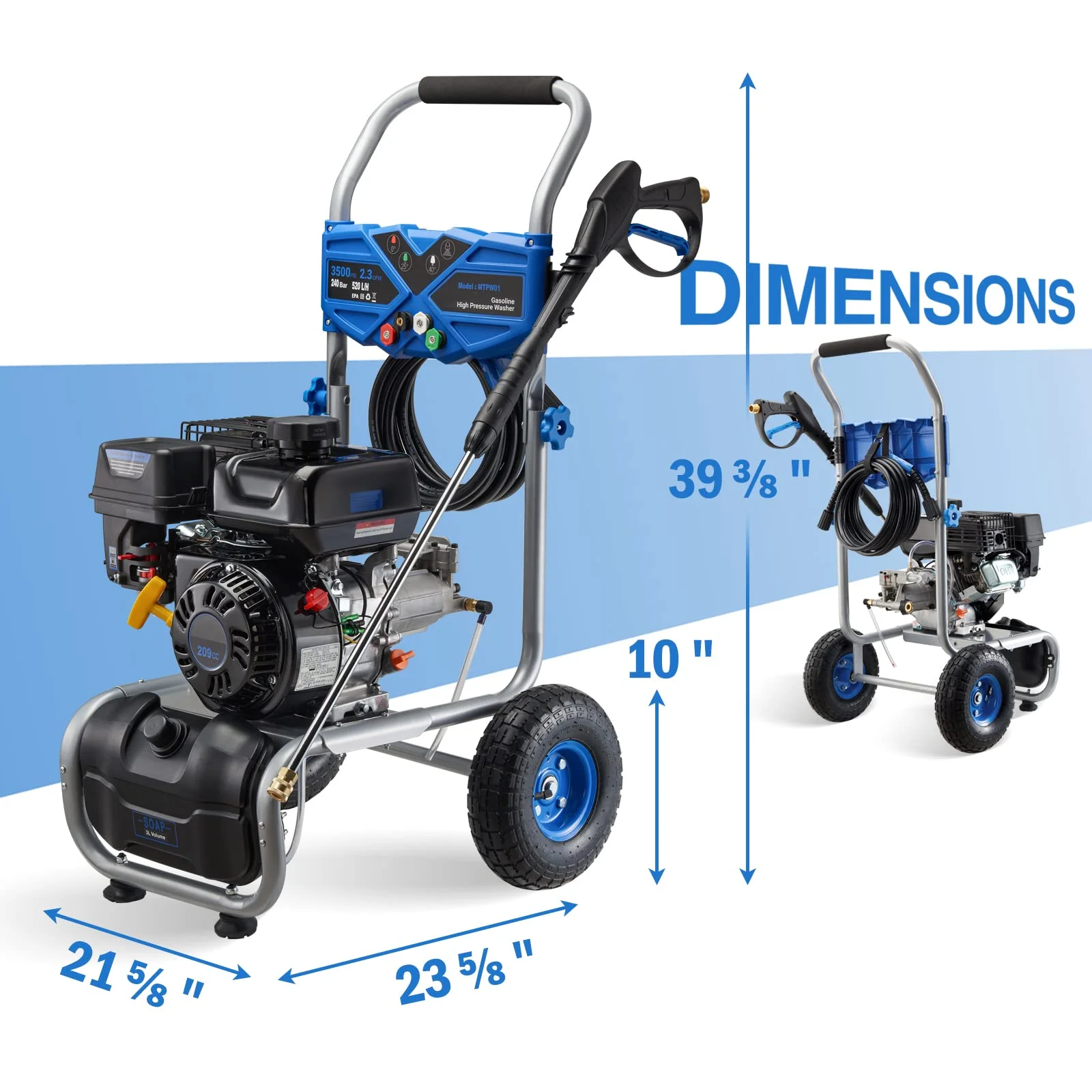 3500PSI Gas Pressure Washer, 2.3GPM Gas Powered High Pressure Clean Machine with 209CC Engine, 4 Adjustable Nozzles for Cleaning Walls, Terraces, Vehicles, Gardens (Blue)(Blue) - Image 10