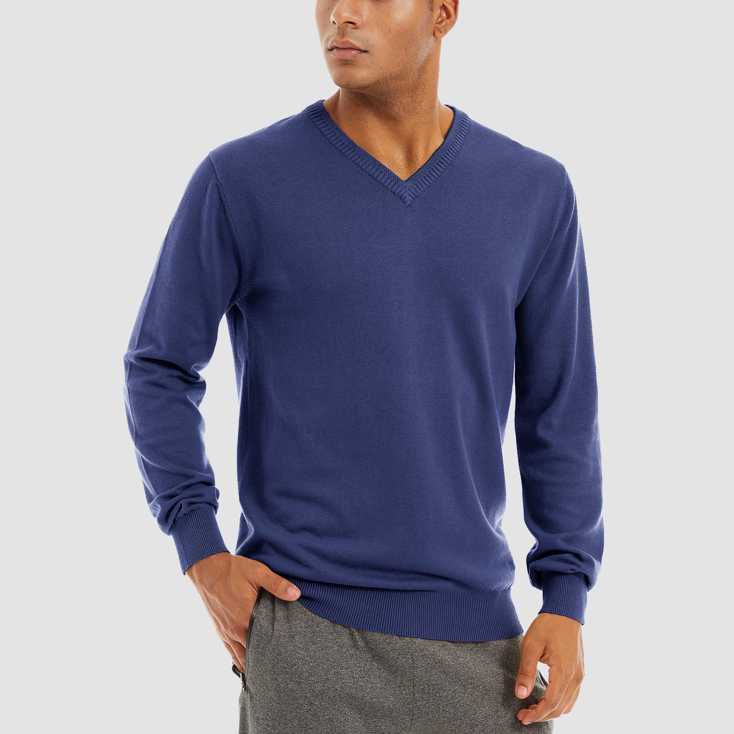 Pull-over pour homme, col V, manches longues, en coton.