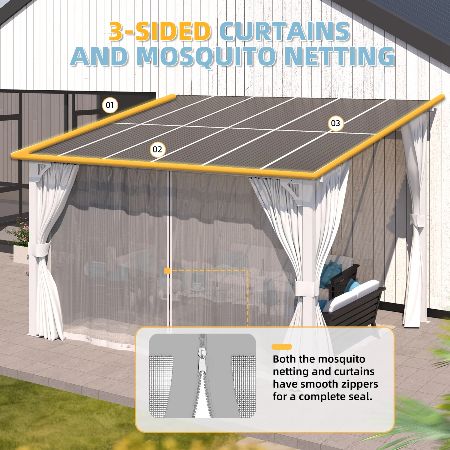 AECOJOY 12'x10' Wall Gazebo with Curtains and Mosquito Netting, White