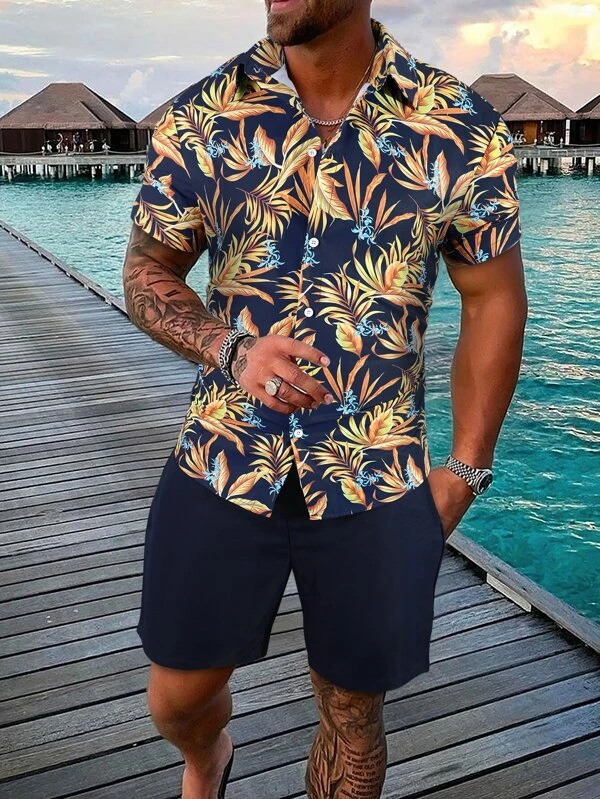 Ensemble chemise à manches courtes à imprimé hawaïen pour homme Suitmens 002