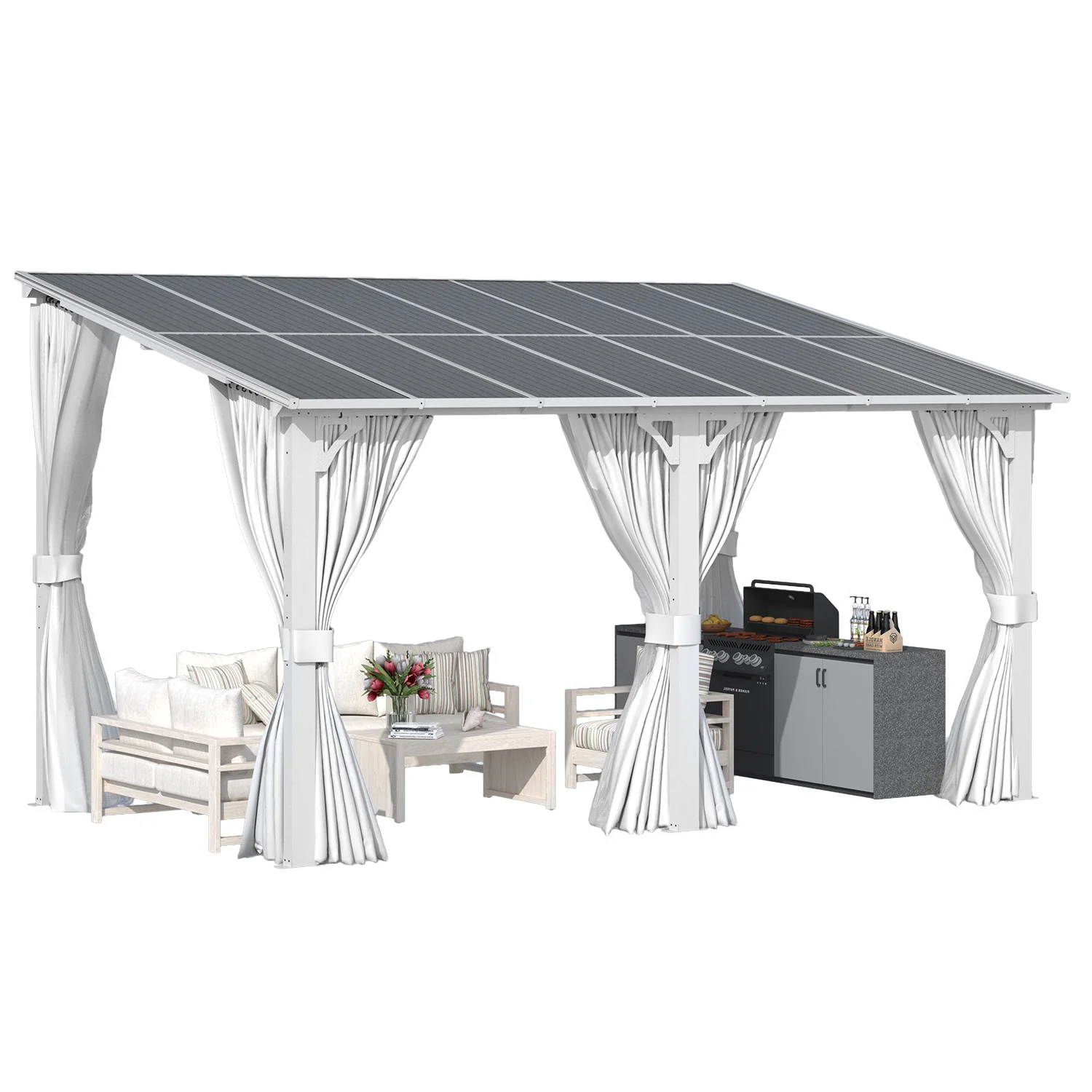 AECOJOY 14'x8' Wall Gazebo with Curtains and Mosquito Netting, White