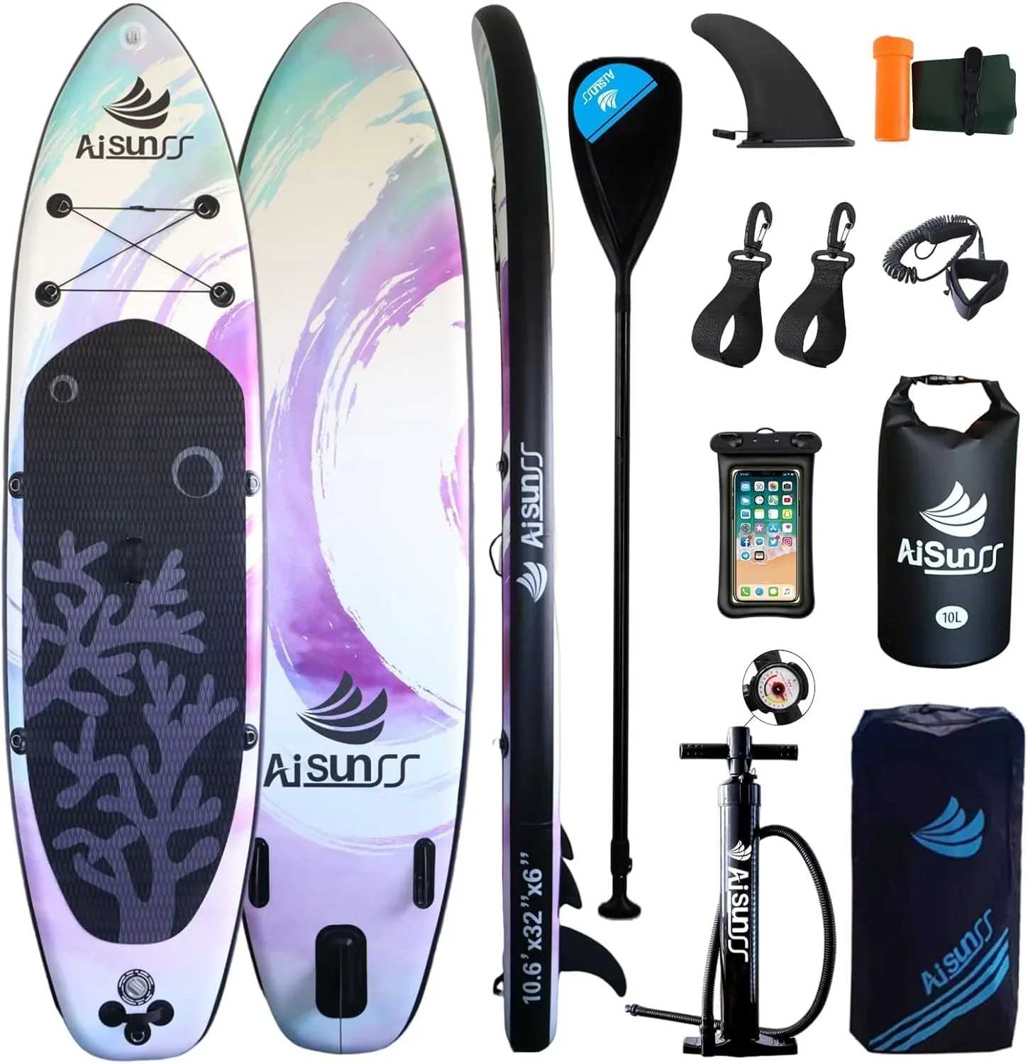 Planche de SUP gonflable large avec sac de transport, pompe à main et sac étanche de 10 L