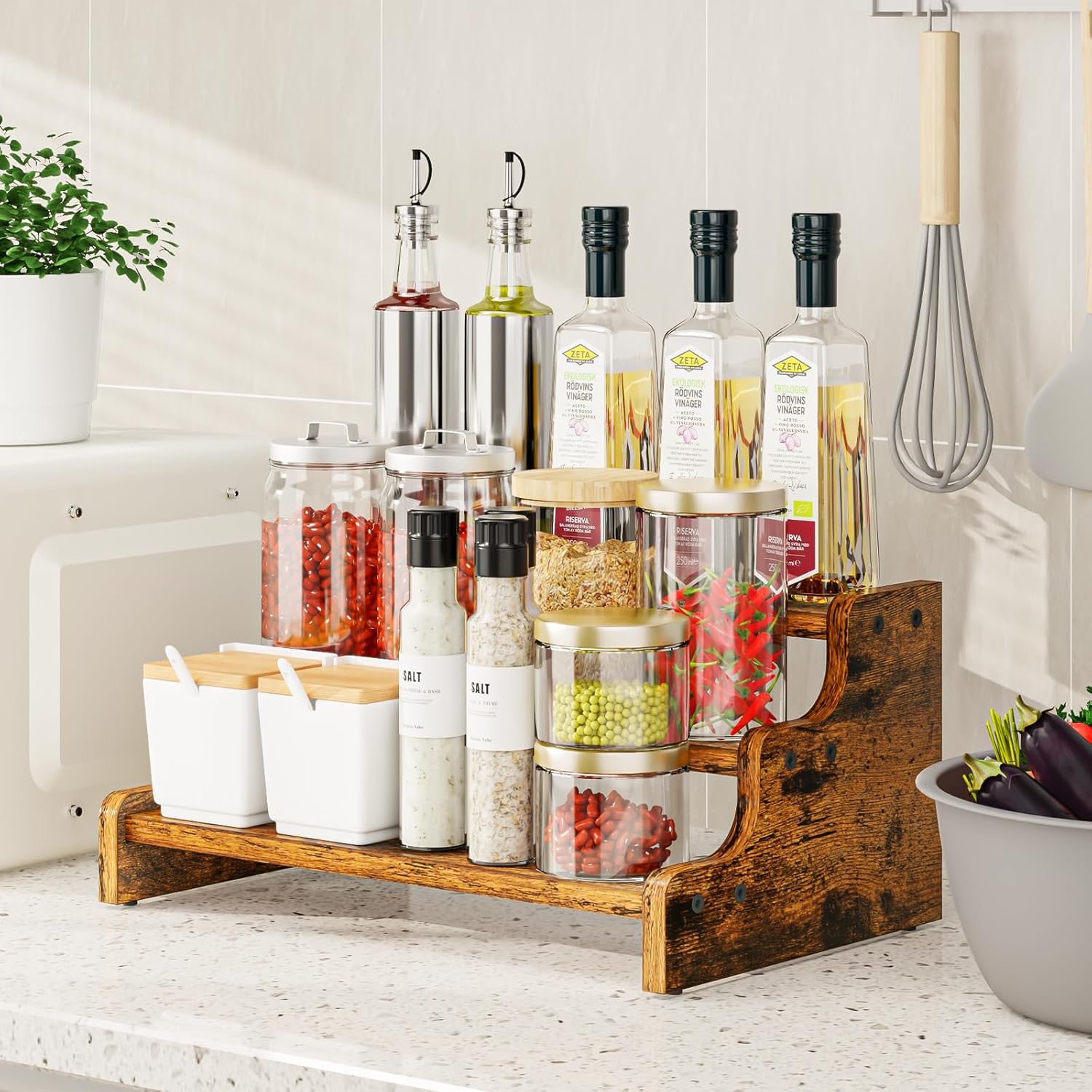 KLM 3-Tier Spice Rack, 13.8 Inch Wood Step Shelf Countertop Spice Storage Holder, Kitchen Pantry Cabinet Organizer Cupboard for Spice Bottles, Jars, Seasonings, Baking Supplies, Bathroom Organizer