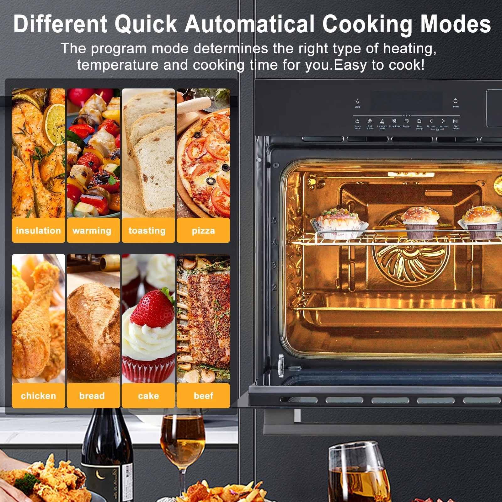 24" Single Wall Oven with 108 Smart Menu 8 Baking Modes,3000W 2.5 CF Convection Oven with Steam Air Fry Function,Stainless Steel,Touch Control Colorful LED Screen(With Colour LED Screen) - Image 10