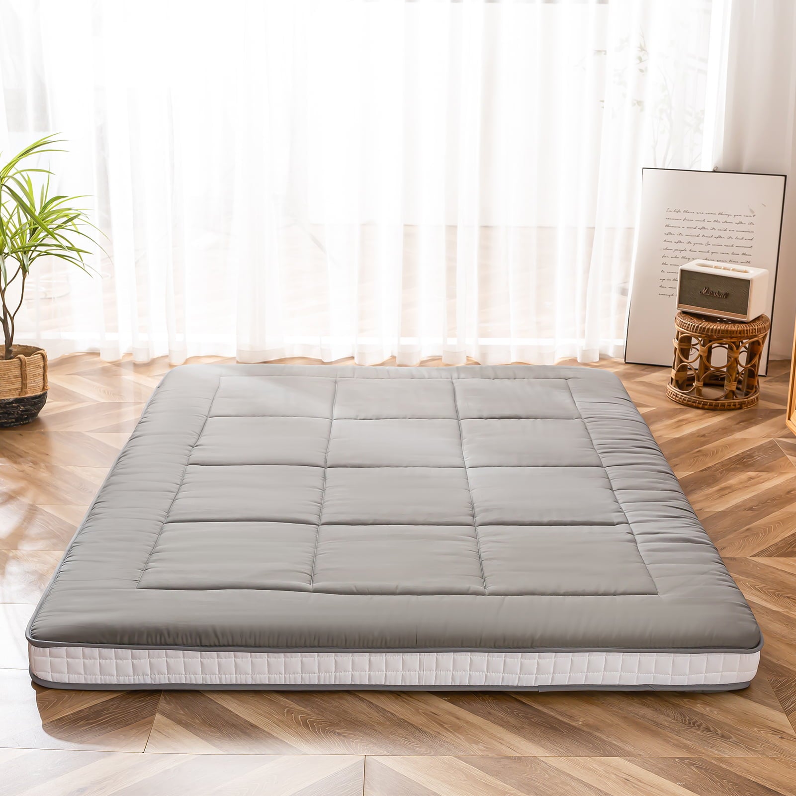 Mattress. Padded Japanese Floor Mattress Quilted Bed Mattress Topper. Extra Thick Folding Sleeping Pad. Dark Grey. Queen