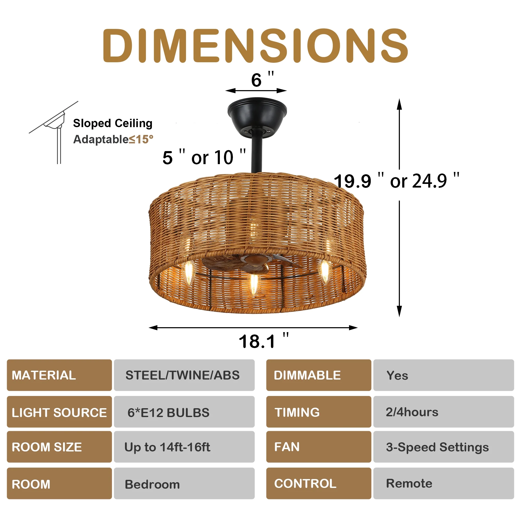 6-Light Bohemian Rattan-Woven Drum Ceiling Fan with Light and Remote Control, Bella Depot Black 3-Speed Chandelier