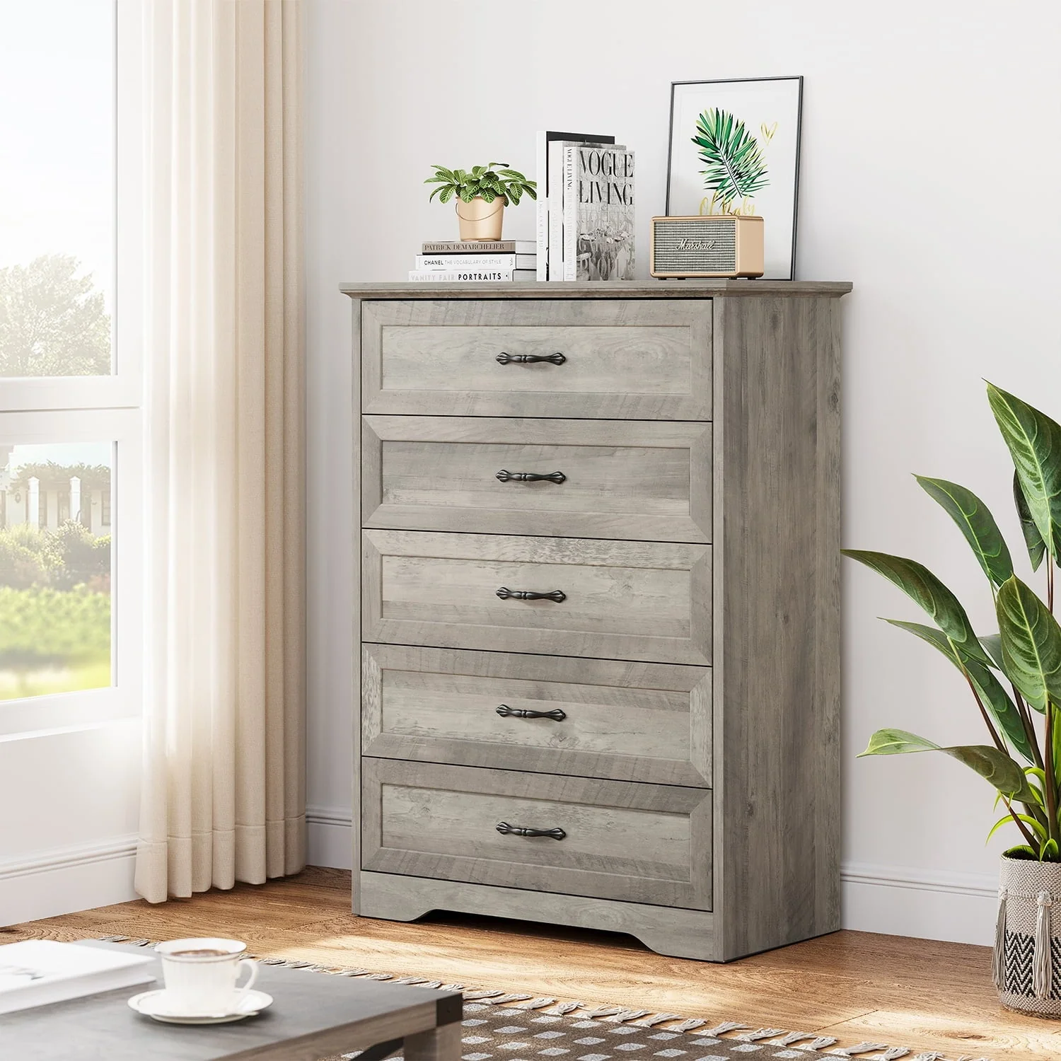 Dresser for Bedroom with 5 Drawers, Tall Wood Drawer Dresser Chest of Drawers for Closet, Living Room, Hallway, Nursery, Kids Bedroom, Grey(5 Drawers chest) - Image 9