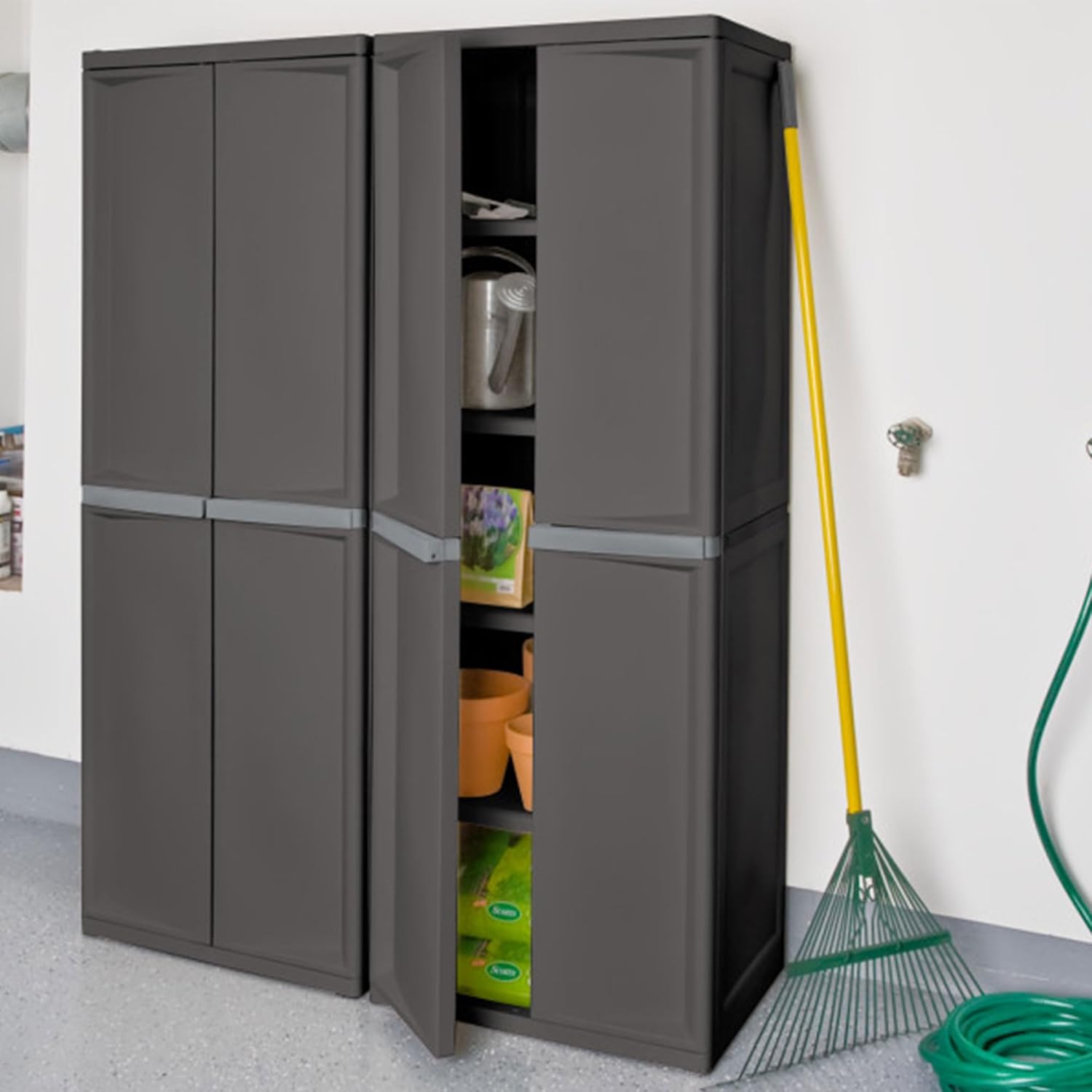 Sterilite 4 Shelf Cabinet, Lockable Utility Storage, Gray