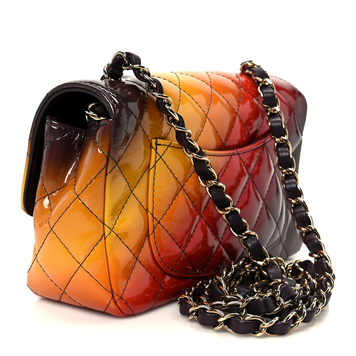 Shaded Patent Calfskin Quilted Mini Rectangular Flap Red Yellow Dark Purple