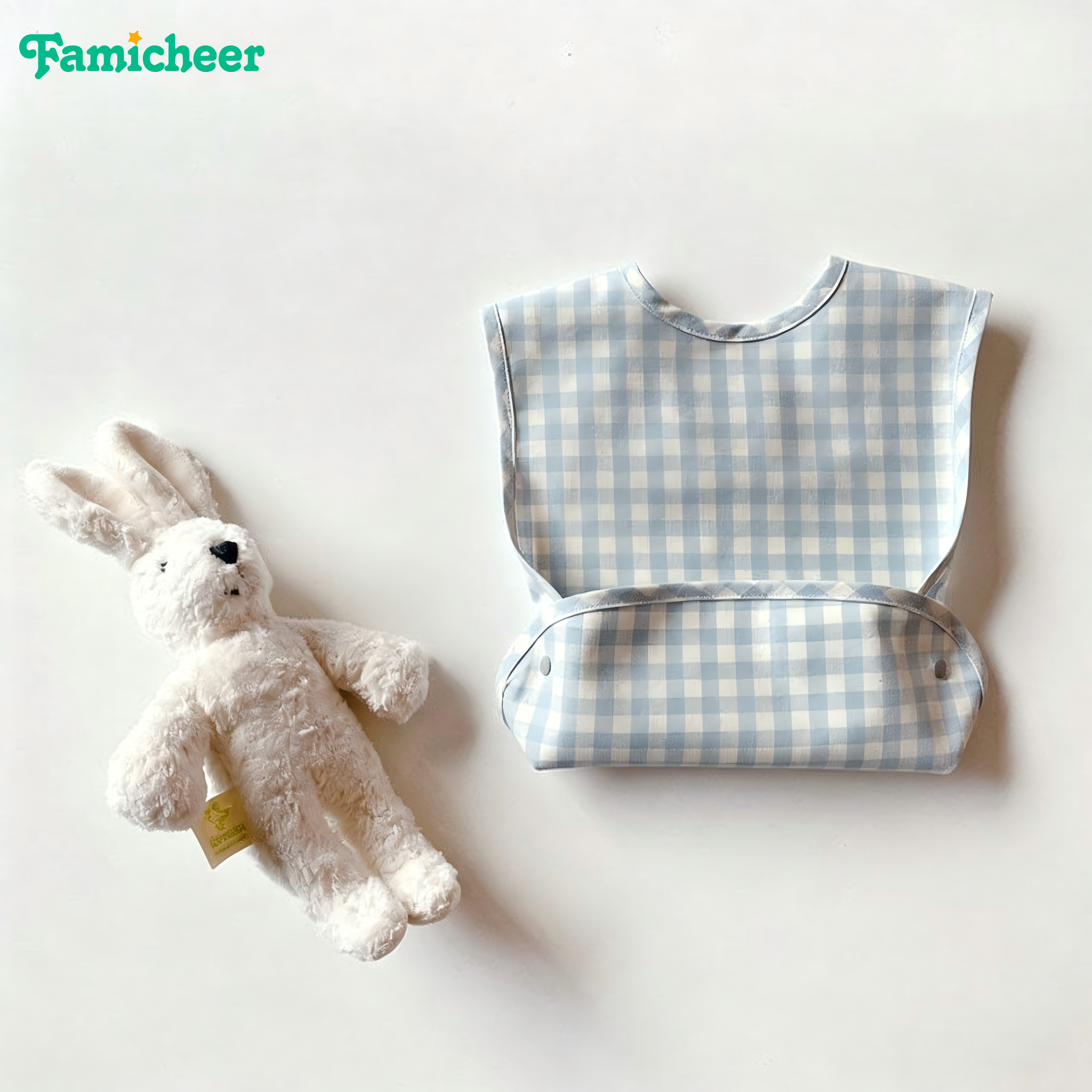 Waterproof Coated Fabric Infant Bib Gingham Plaid Sleeveless Design Detachable Crumb Catcher Baby Bib for Baby Self Feeding Time