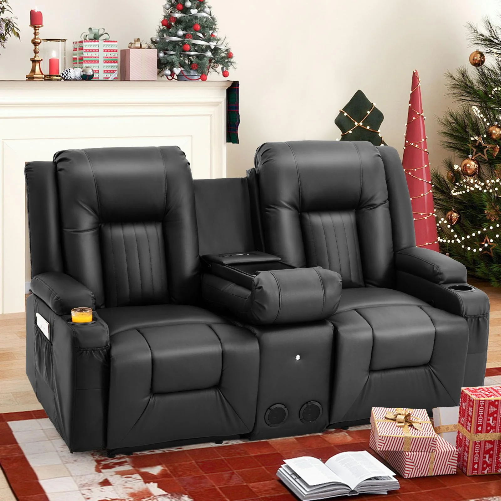 AECOJOY Recliner Loveseat with Console&Bluetooth Speakers, Manual RV Reclining Sofa, Black