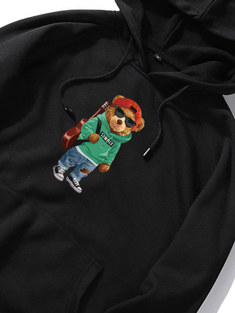 Sweat à capuche imprimé ours et guitare