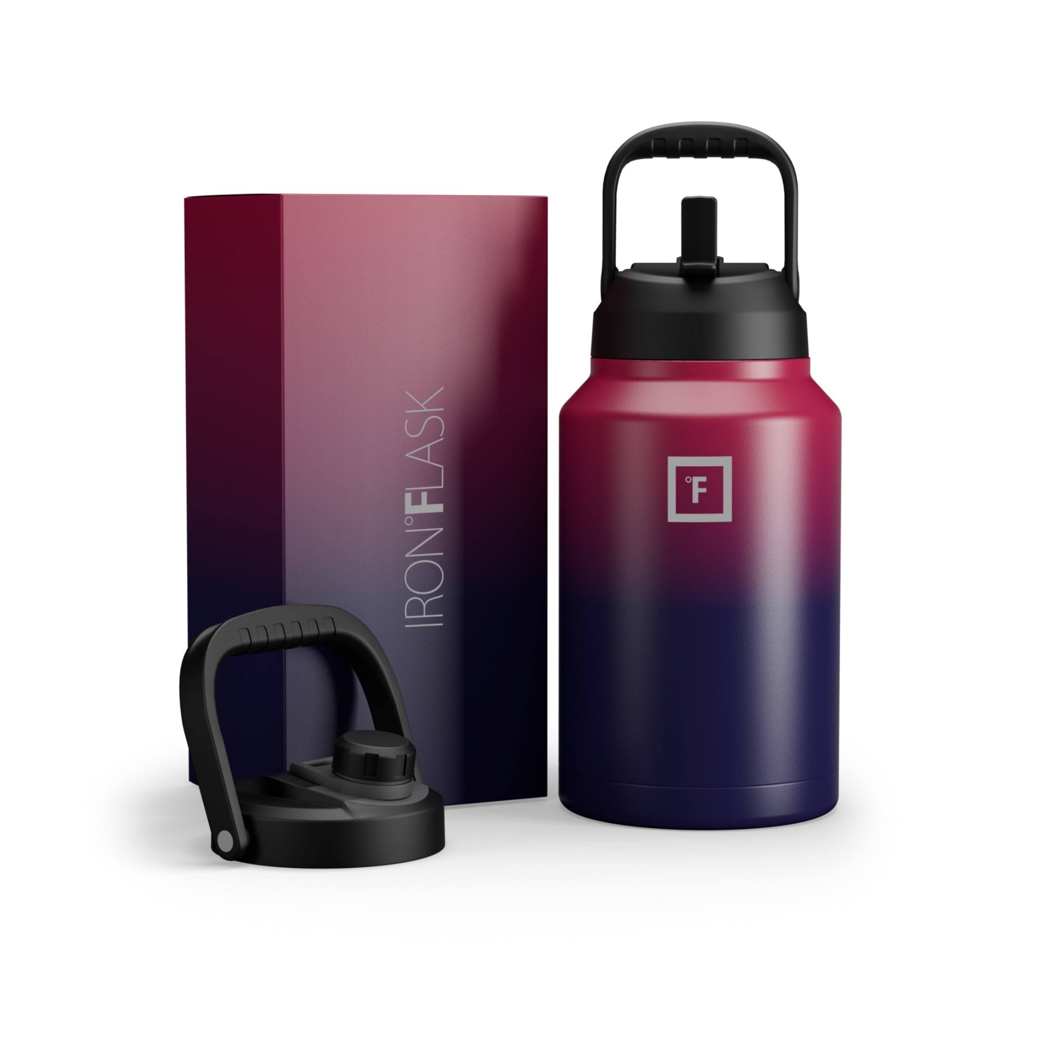 Iron Flask One Gallon Water Bottle with Straw and Spout Lids Dark Rainbow