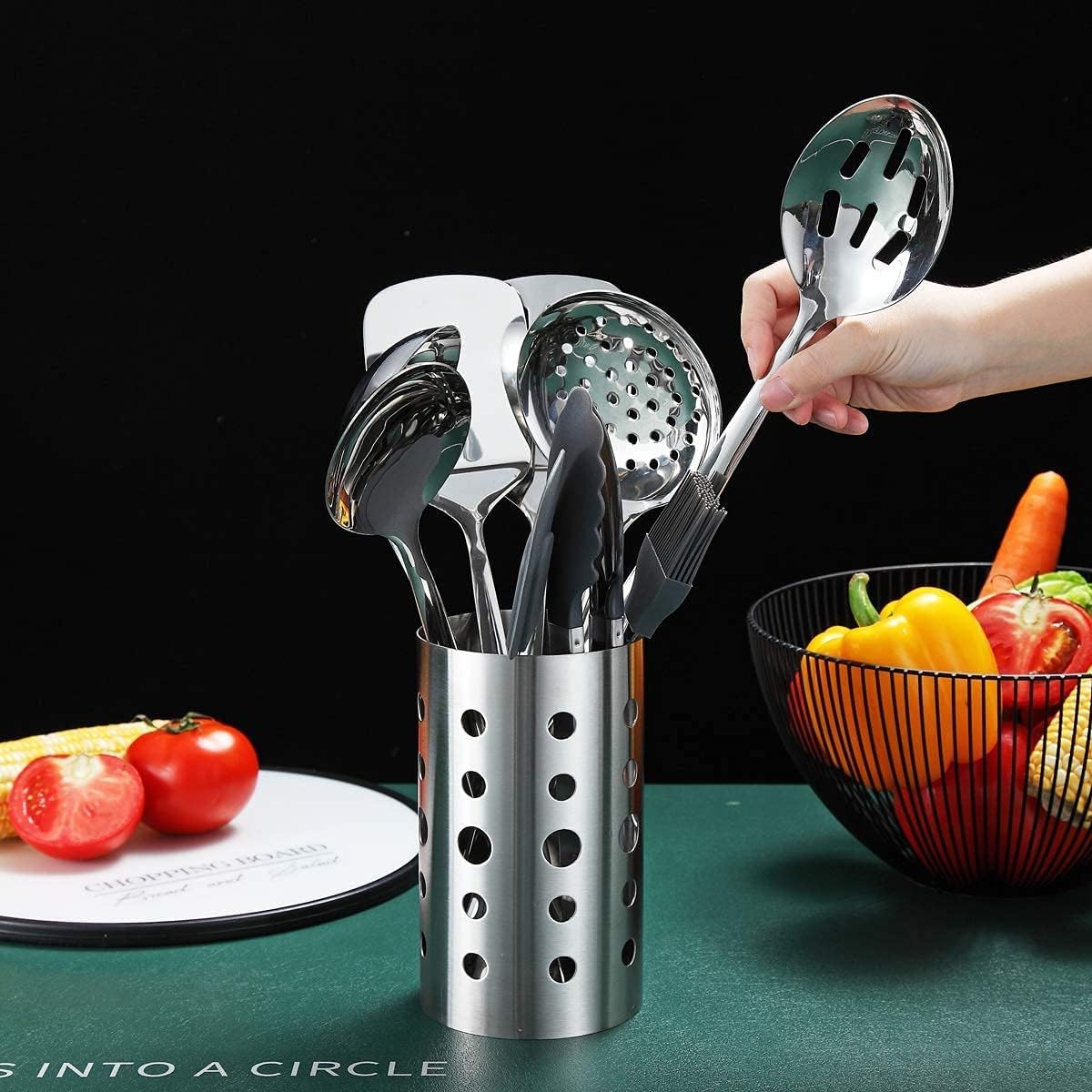Stainless Steel Cooking Utensils Set, Berglander 13 Pieces Kitchen Utensils Set, Kitchen Tools Set With Utensil Holder Non-Stick And Heat Resistant, Dishwasher Safe, Easy to Clean (13 Pieces)