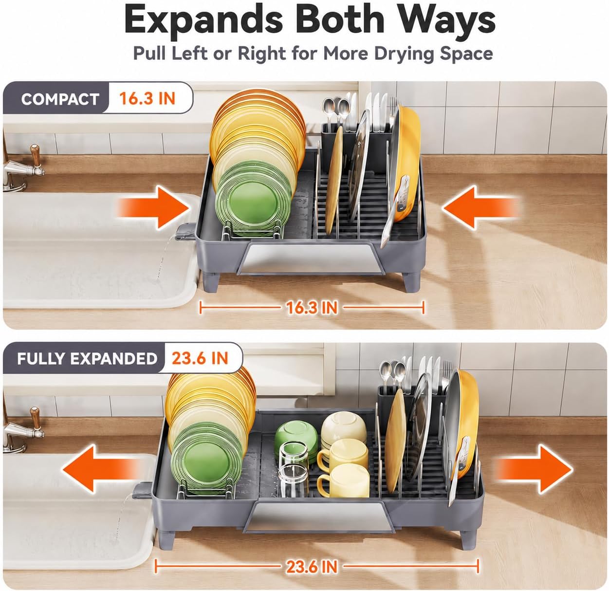 Urackify Large Dish Drying Rack, Expandable Dish Drainer, Gray